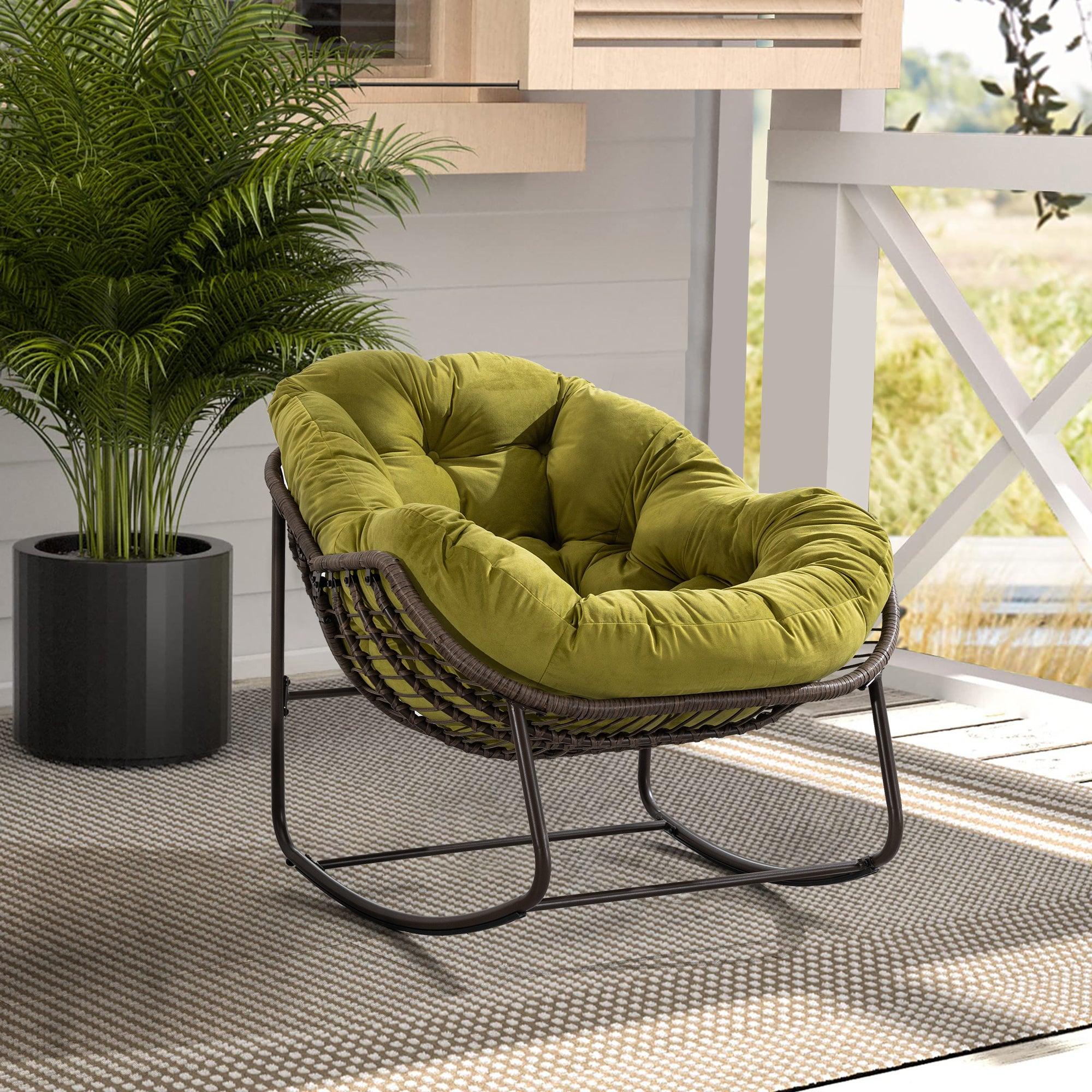 🆓🚛 Outdoor Rattan Rocking Chair, Padded Cushion Rocker Recliner Chair Outdoor for Front Porch, Living Room, Patio, Garden, Olive Green