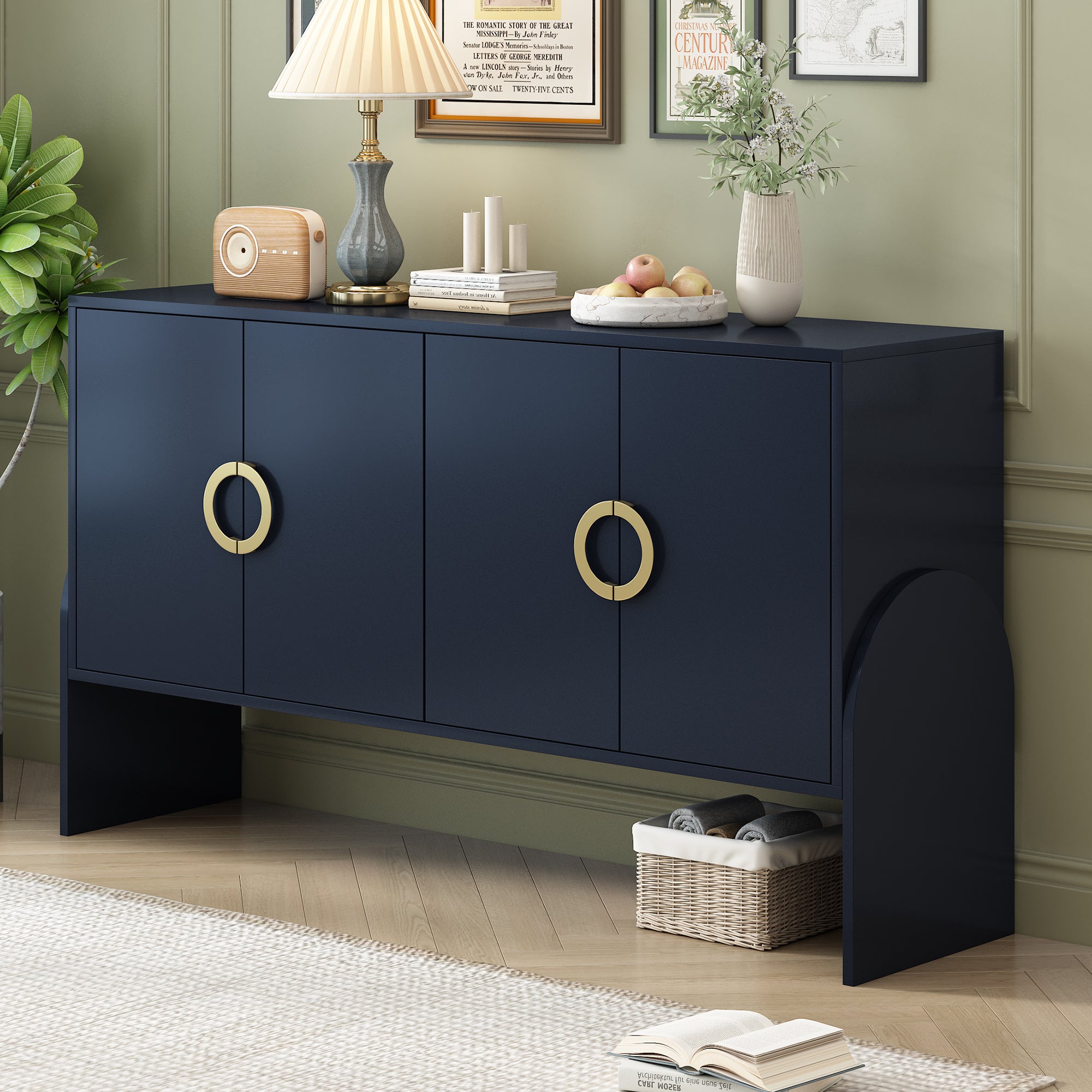 🆓🚛 4-Door Storage Cabinet, Metal Handle, Suitable for Study, Living Room, Bedroom, Navy Blue