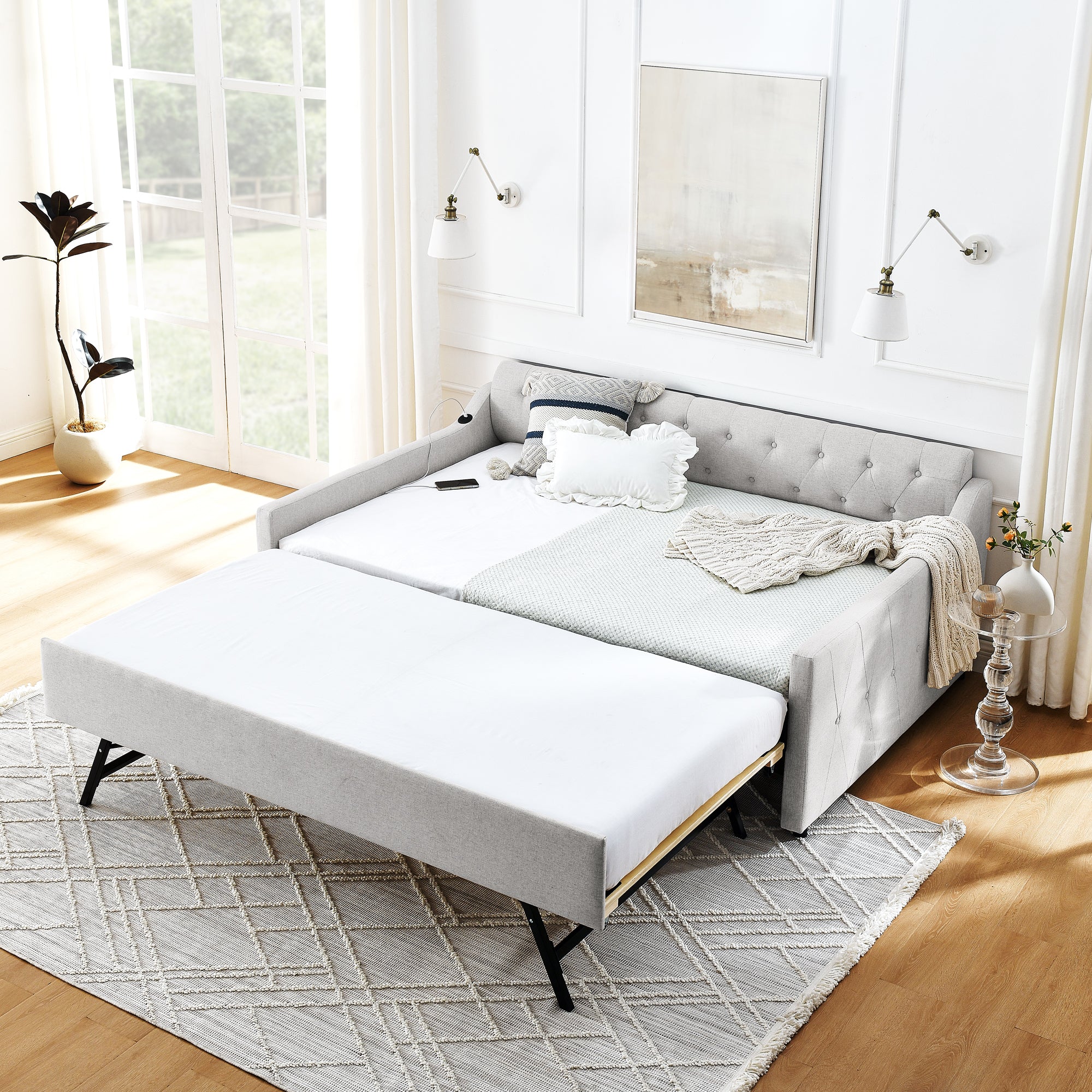 Full Size Upholstery DayBed with Twin Size Erectable Trundle and USB Charging Design, Linen Beige