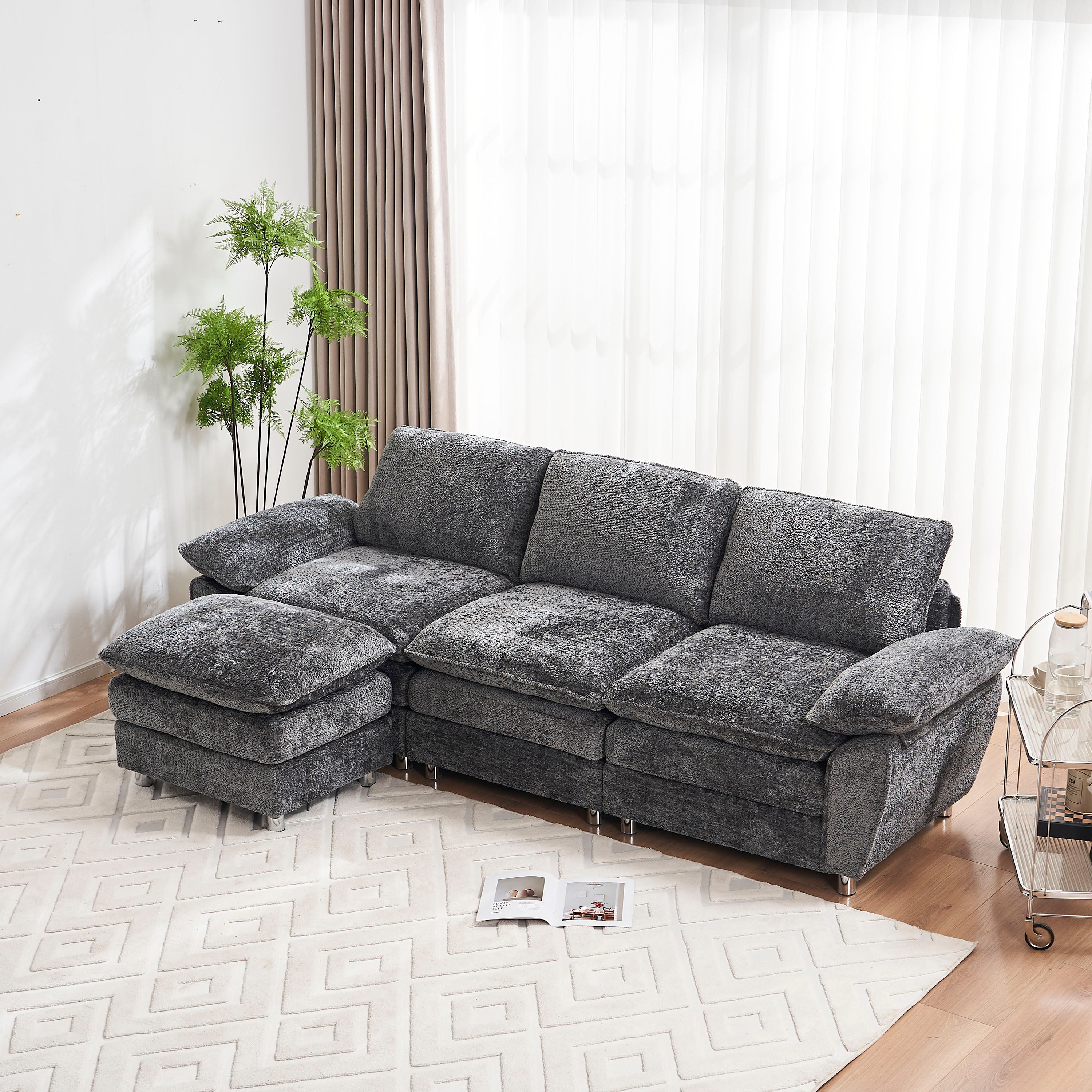 🆓🚛 Modern Deep 3-Seat Sofa Couch With Ottoman, Polyester Sofa Sleeper Comfy Upholstered Furniture for Living Room, Apartment, Studio, Office, Dark Gray