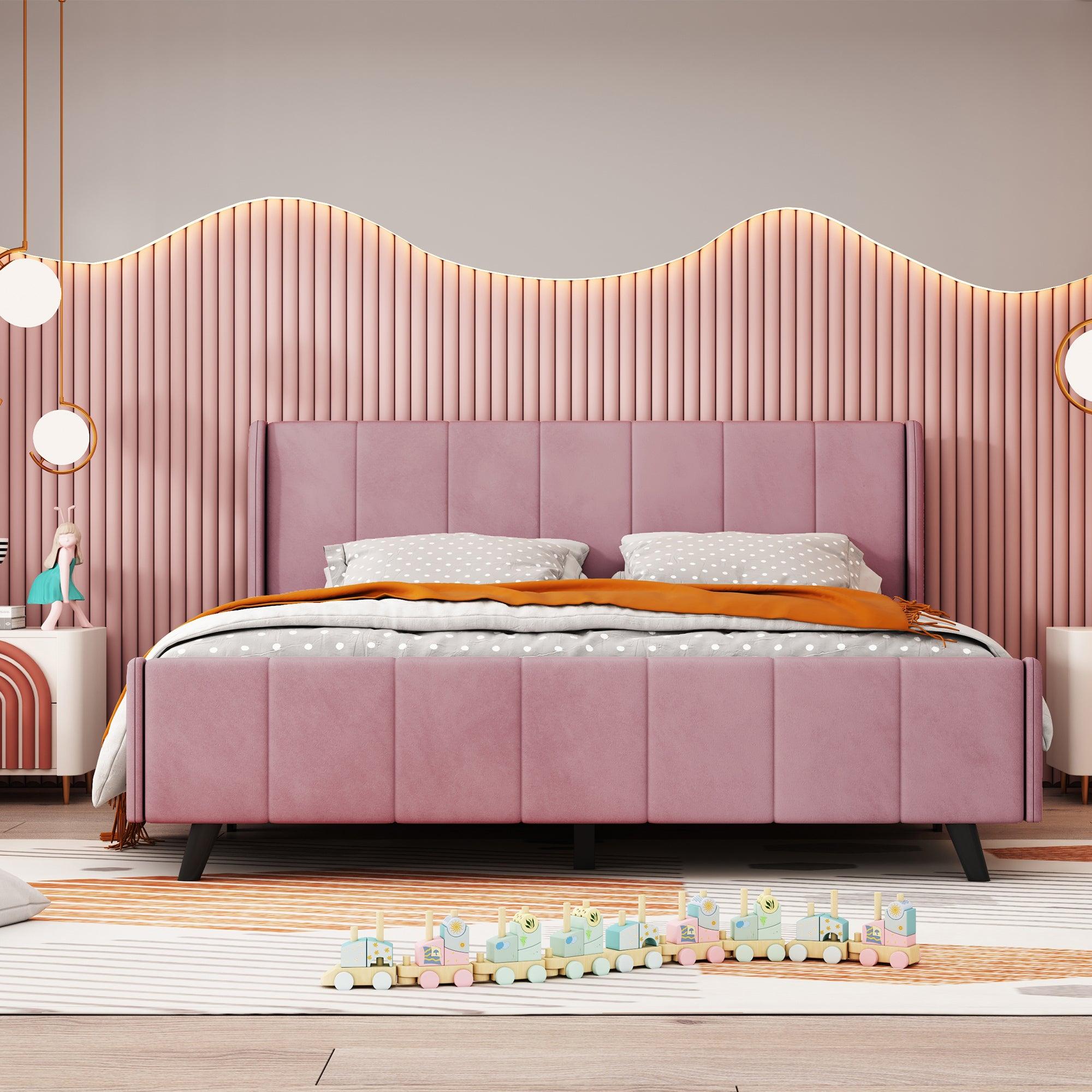 🆓🚛 Queen Size Upholstered Platform Bed, Velvet, Pink