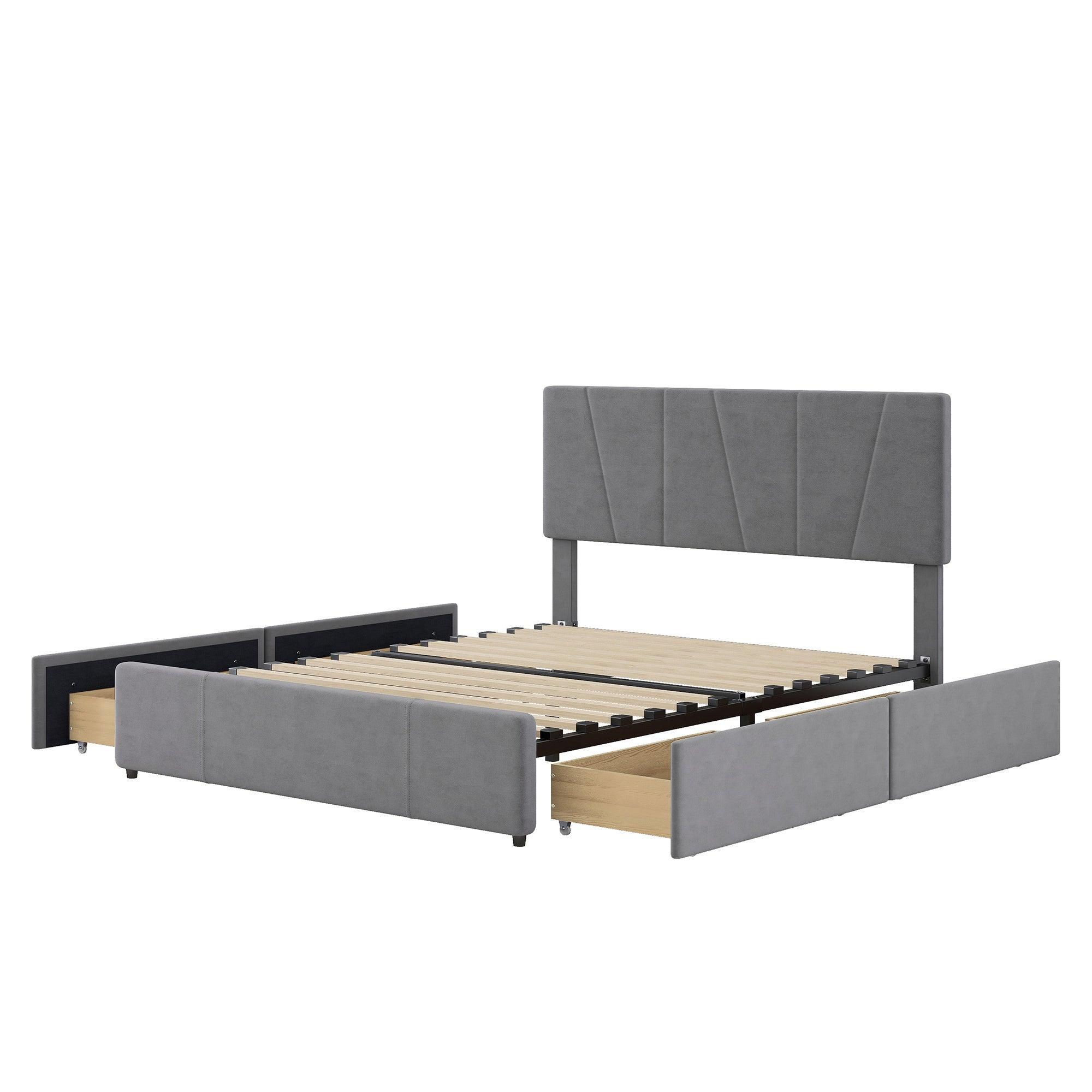 Full Size Upholstery Platform Bed with Four Drawers on Two Sides, Adjustable Headboard, Grey