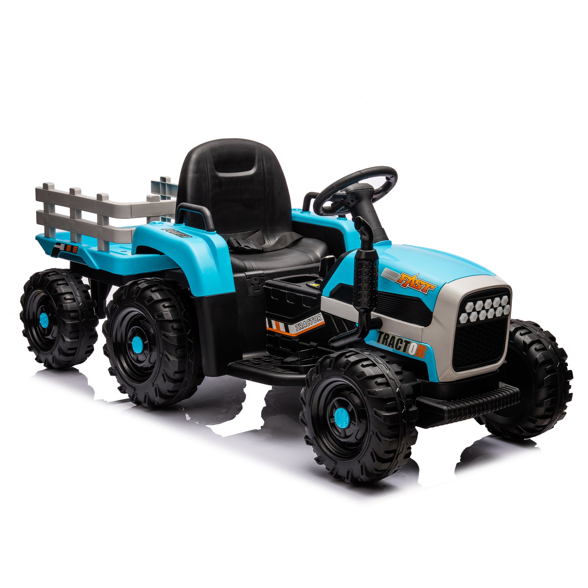 🆓🚛 Ride On Tractor With Trailer, 24V Battery Powered Electric Tractor Toy, 200W*2Motor 1.86-4.97Mph/Remote Control, Electric Car for Kids, Three Speed Adjustable, USB, Mp3, Bluetooth, Led Light, Safety Belt, Blue