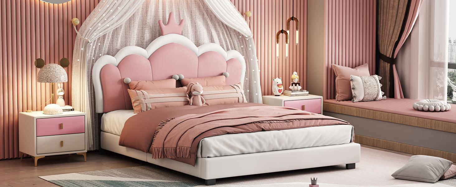 Full size Upholstered Princess Bed With Crown Headboard, Full Size Platform Bed with Headboard and Footboard, White+Pink