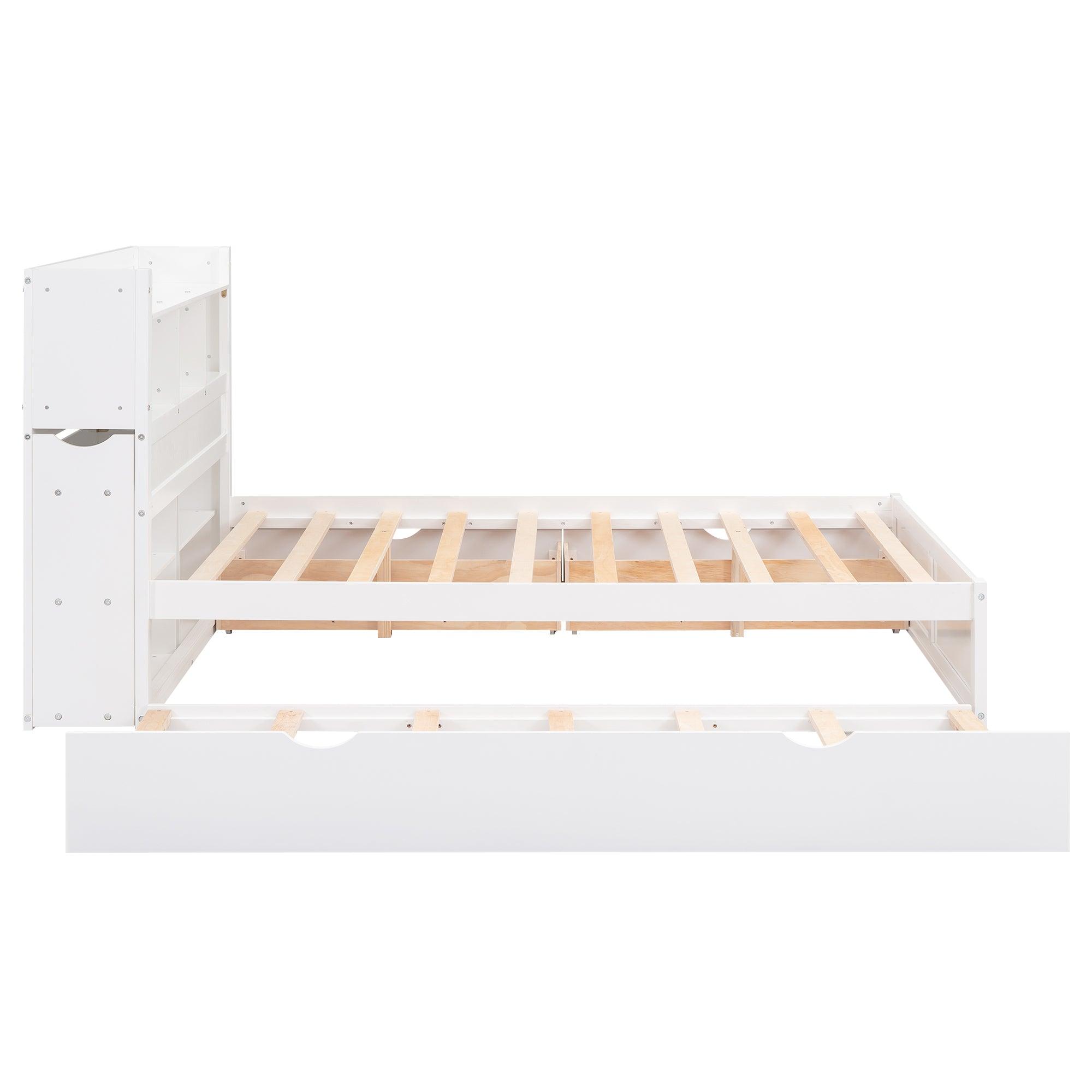 Full Size Storage Platform Bed with Pull Out Shelves, Twin Size Trundle and 2 Drawers, White