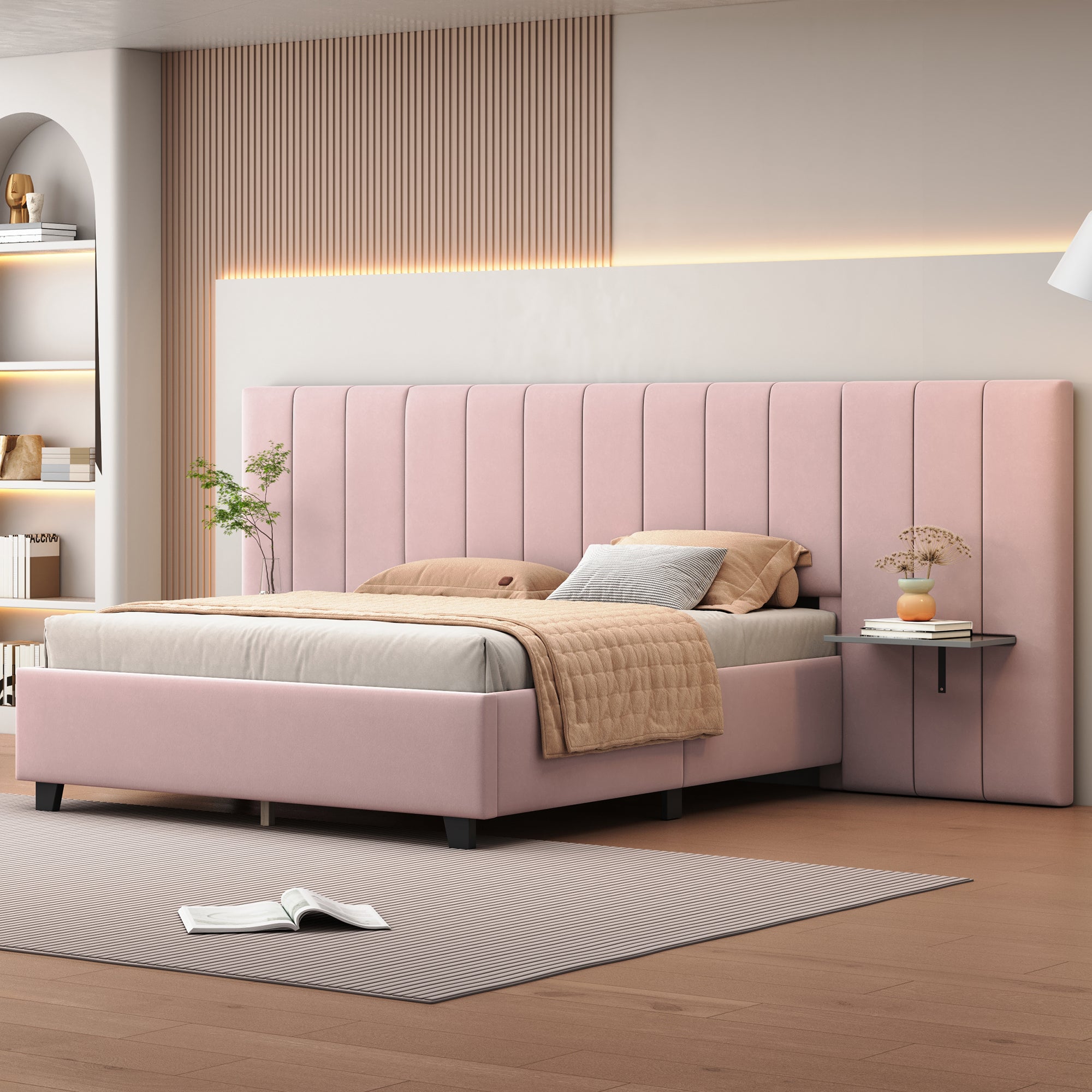 🆓🚛 Queen Size Upholstered Platform Bed with Big Headboard, Bedroom Furniture, Velvet, Pink