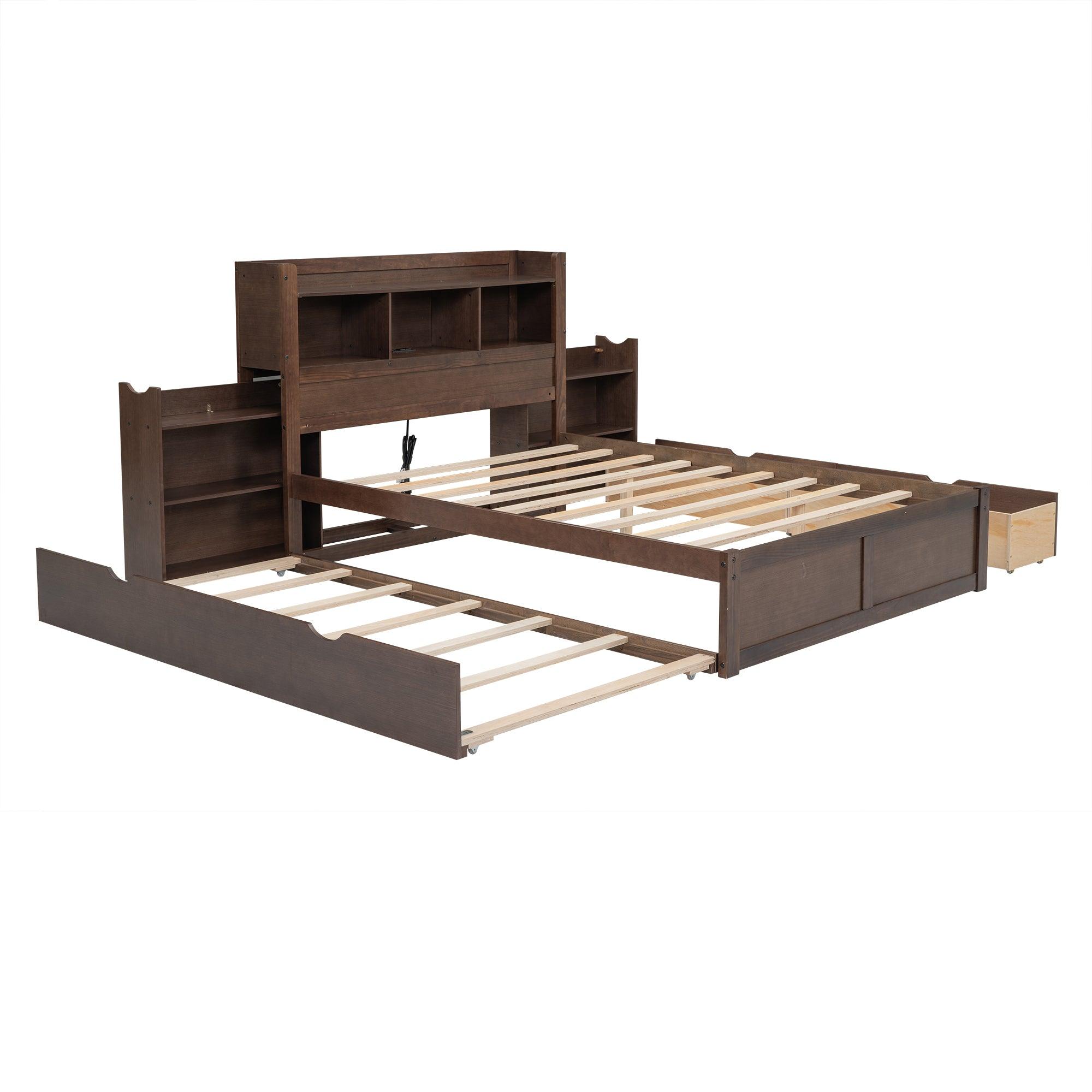 Full Size Storage Platform Bed with Pull Out Shelves, Twin Size Trundle and 2 Drawers, Espresso