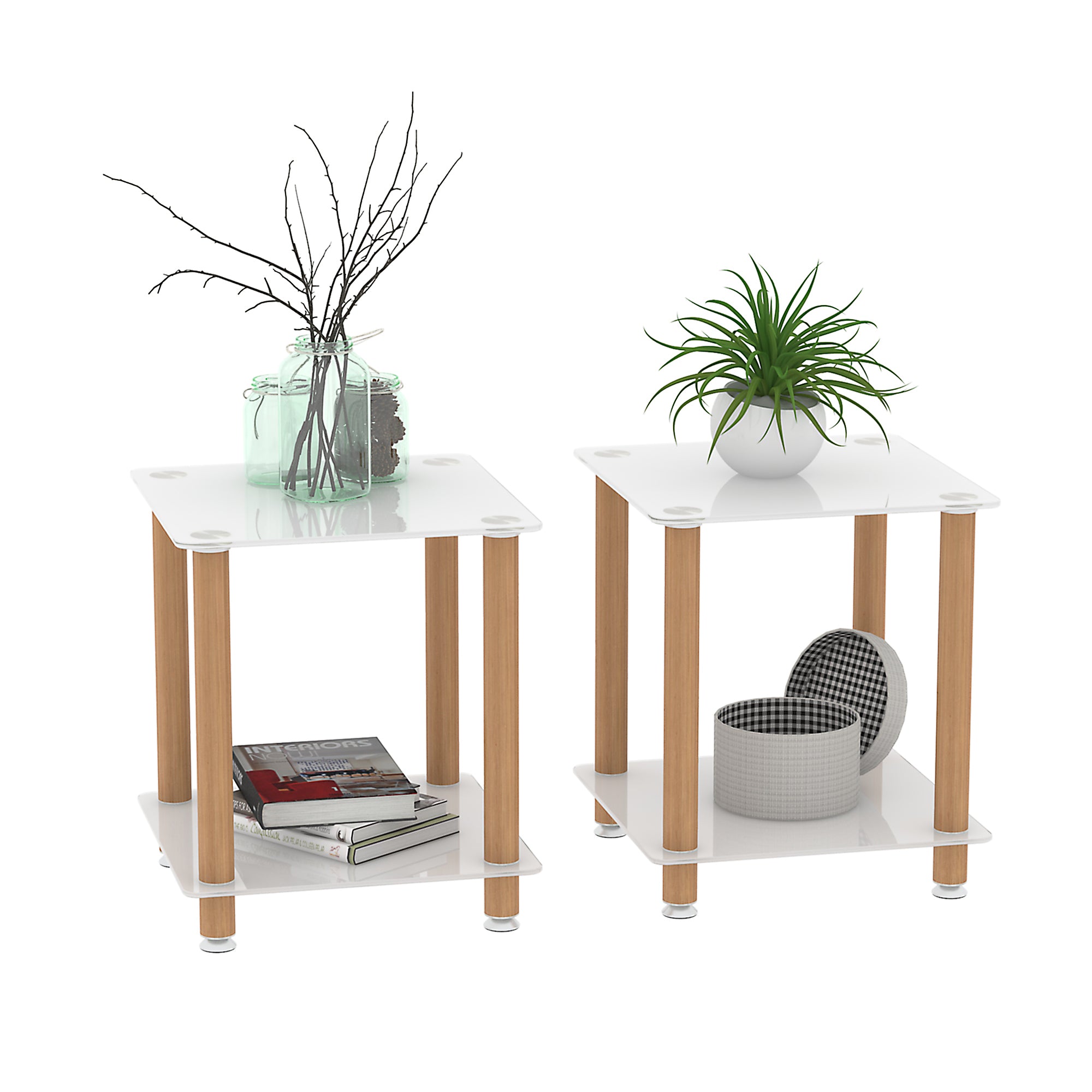 2-Piece White+Oak Side Table, 2-Tier Space End Table, Modern Night Stand, Sofa Table, Side Table With Storage Shelve