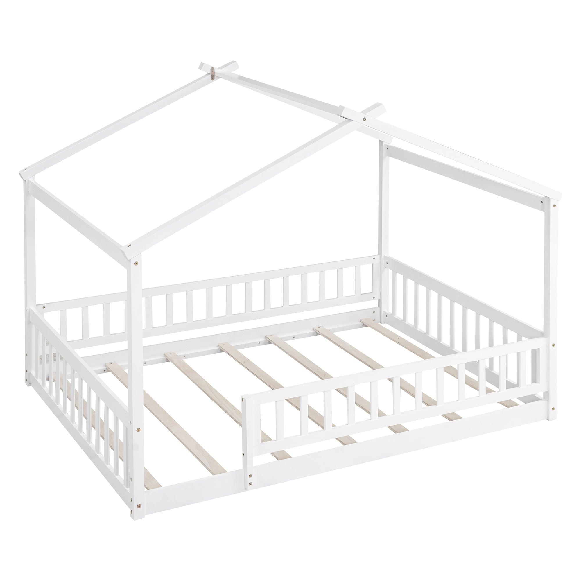 Full Size Wood Bed House Bed Frame with Fence, for Kids, Teens, Girls, Boys, White