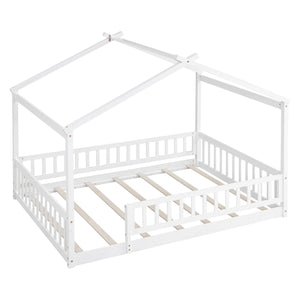 Full Size Wood Bed House Bed Frame with Fence, for Kids, Teens, Girls, Boys, White