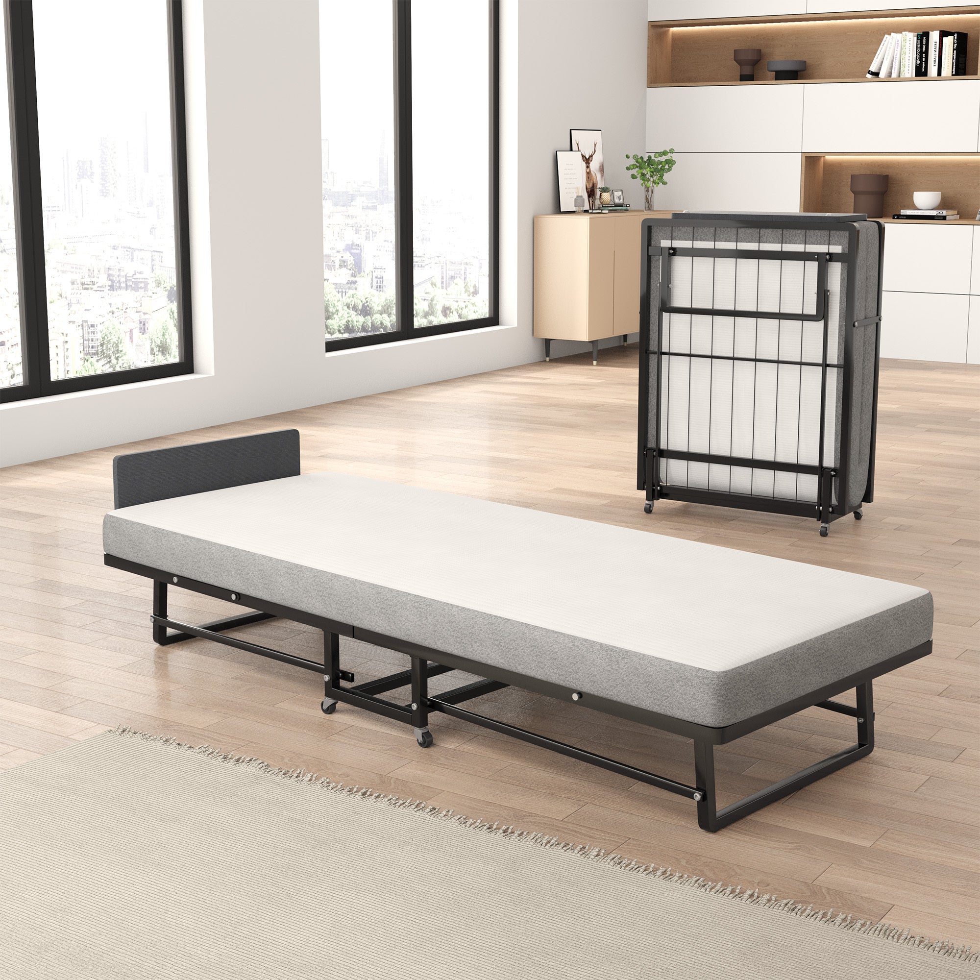 🆓🚛 Metal Folding Bed Frame With Foam Mattress of Pockets, Easy Storage and Movable With 4 Castors