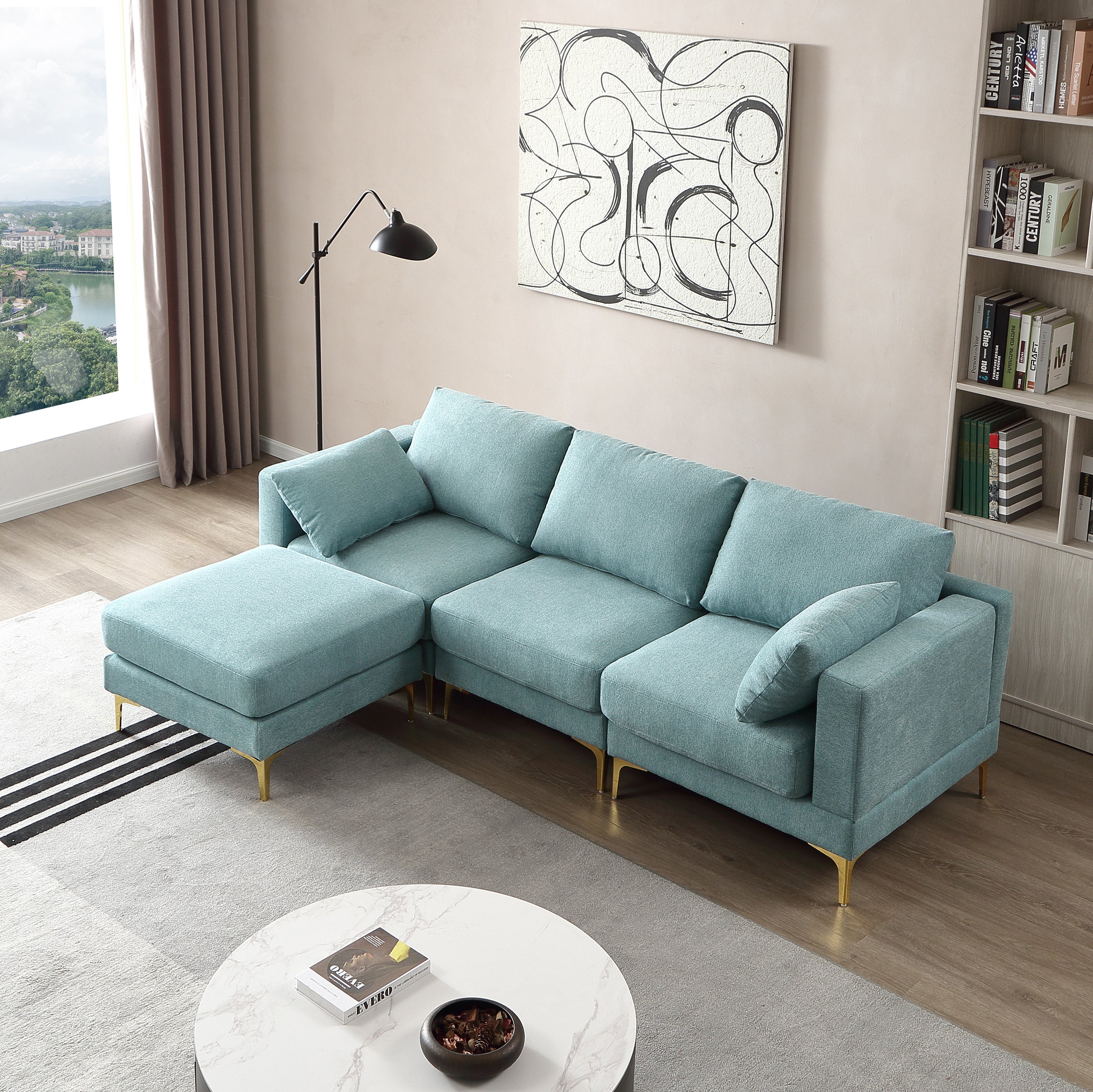 🆓🚛 92" 3 Seater Sofa With Ottoman, Turquoise