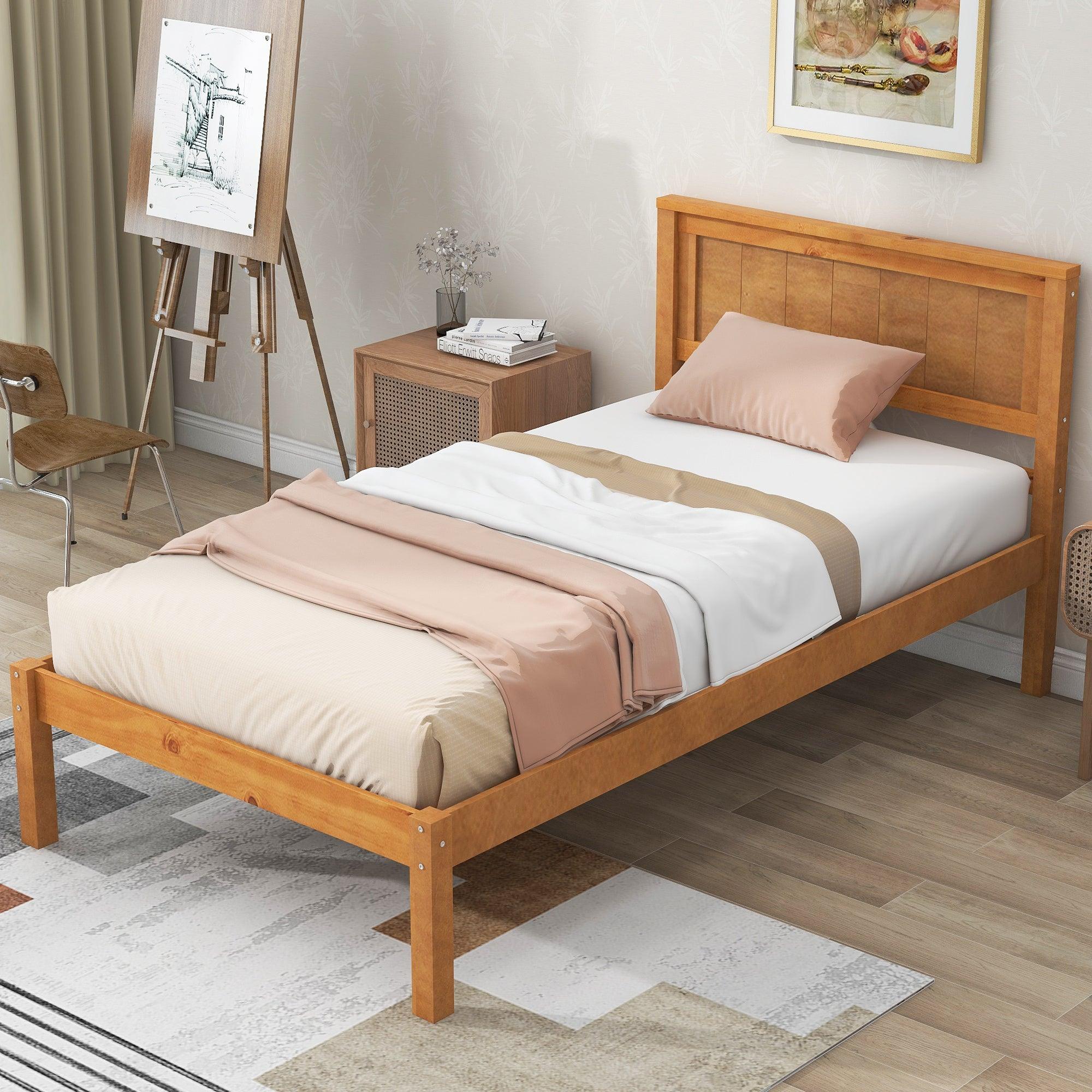 🆓🚛 Platform Bed Frame With Headboard, Wood Slat Support, No Box Spring Needed, Twin, Oak