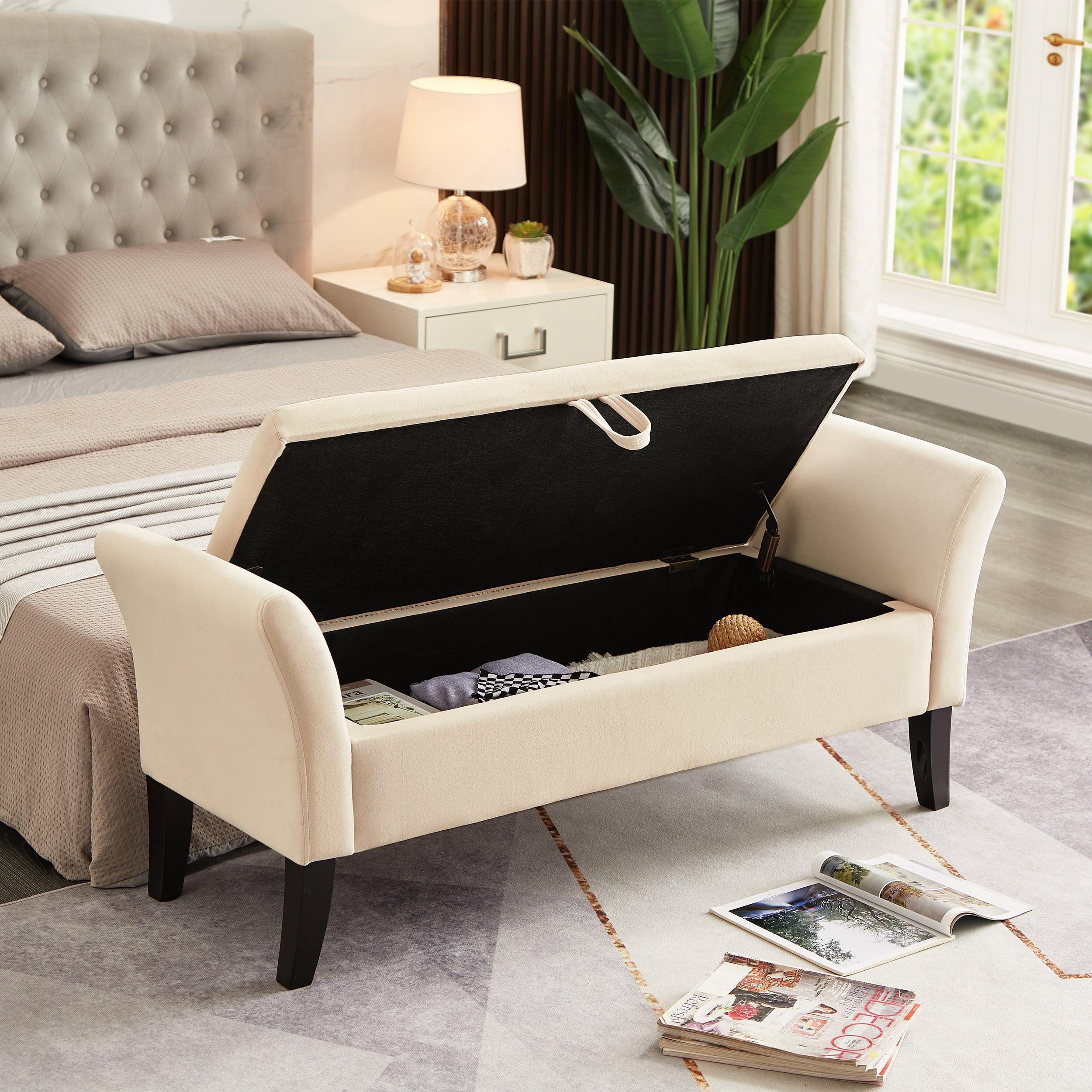 51.5" Bed Bench With Storage Beige Velvet