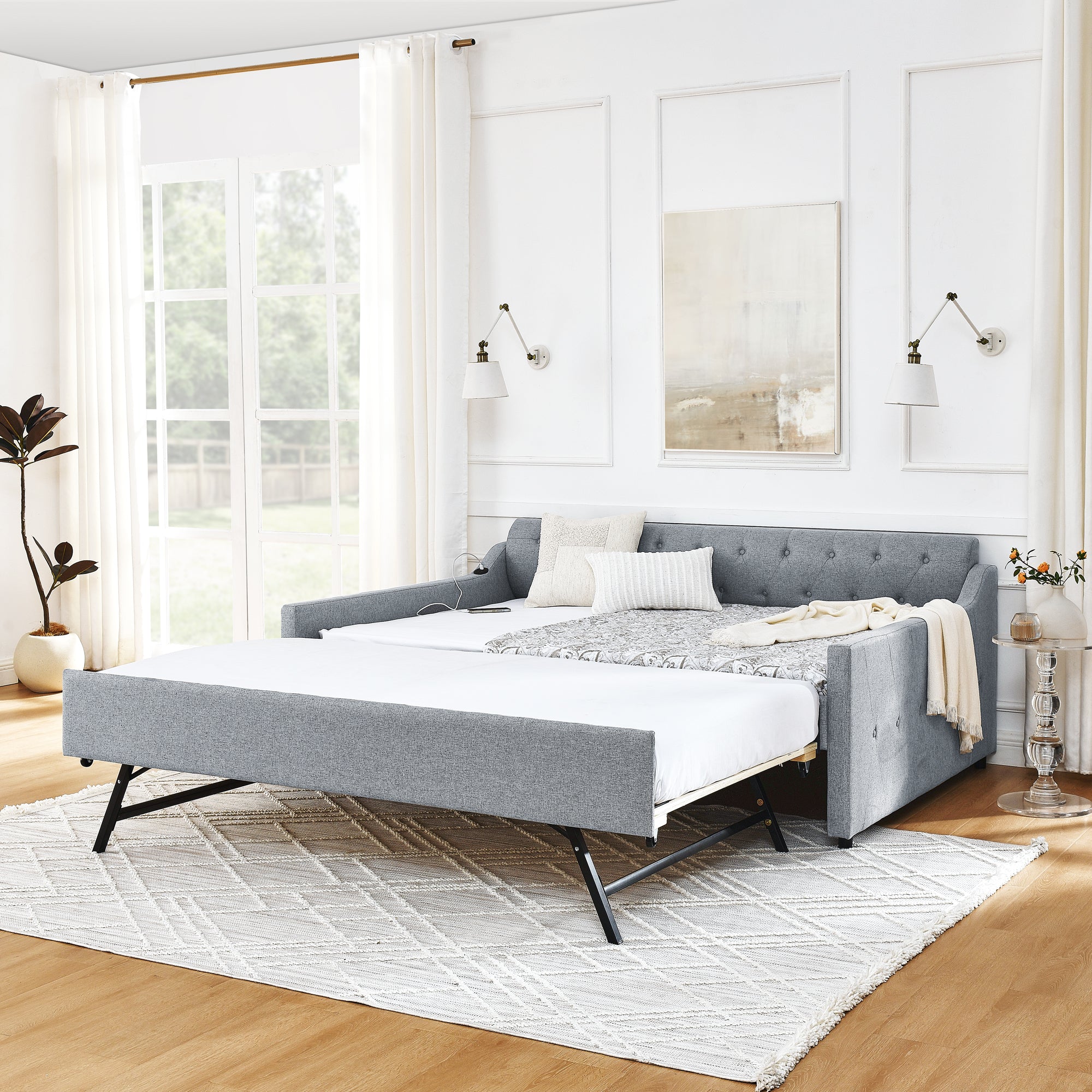 Full Size Upholstery DayBed with Twin Size Erectable Trundle and USB Charging Design, Linen Gray