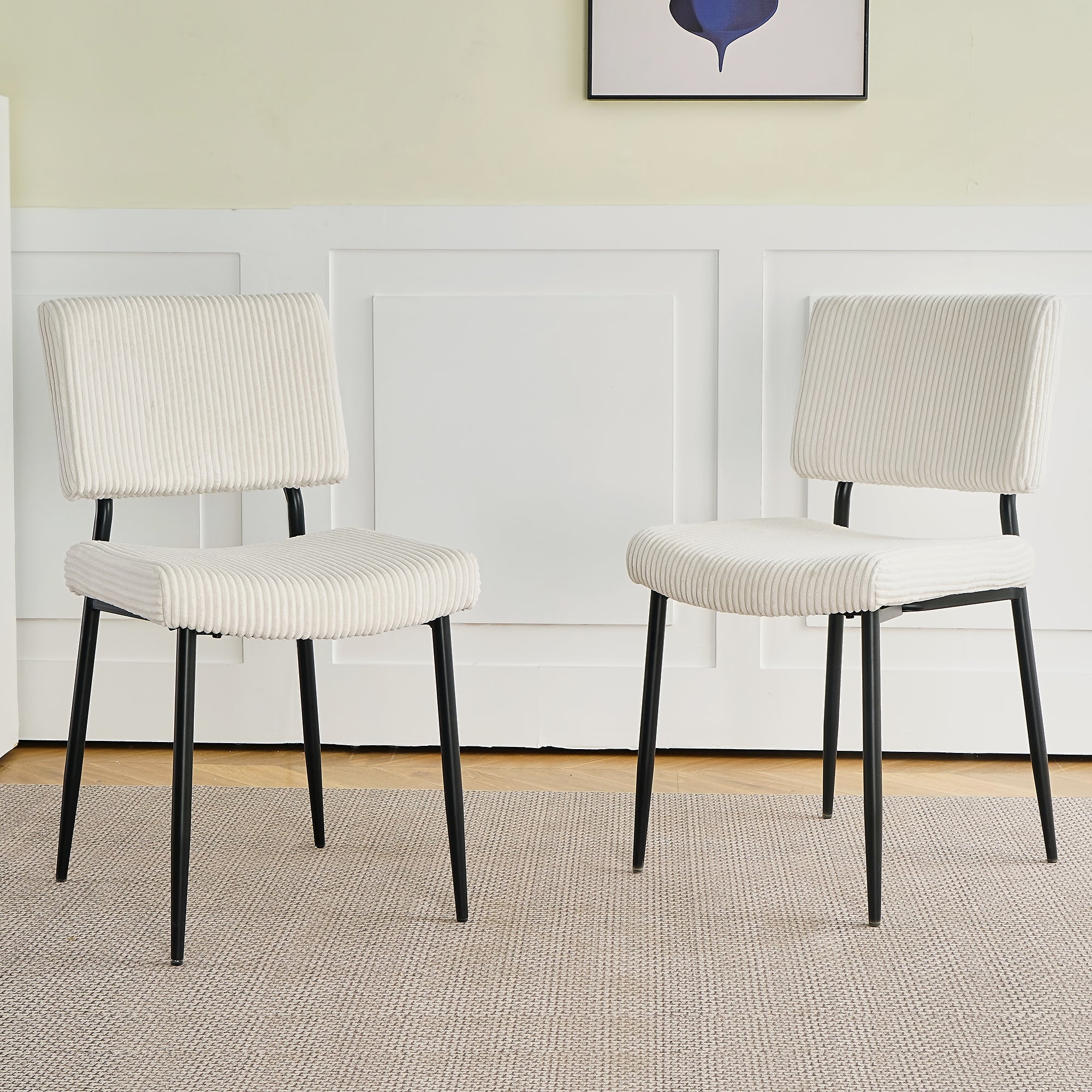 Modern Simple Fabric Upholstered Dining Chairs Black Metal Legs, Set of 2