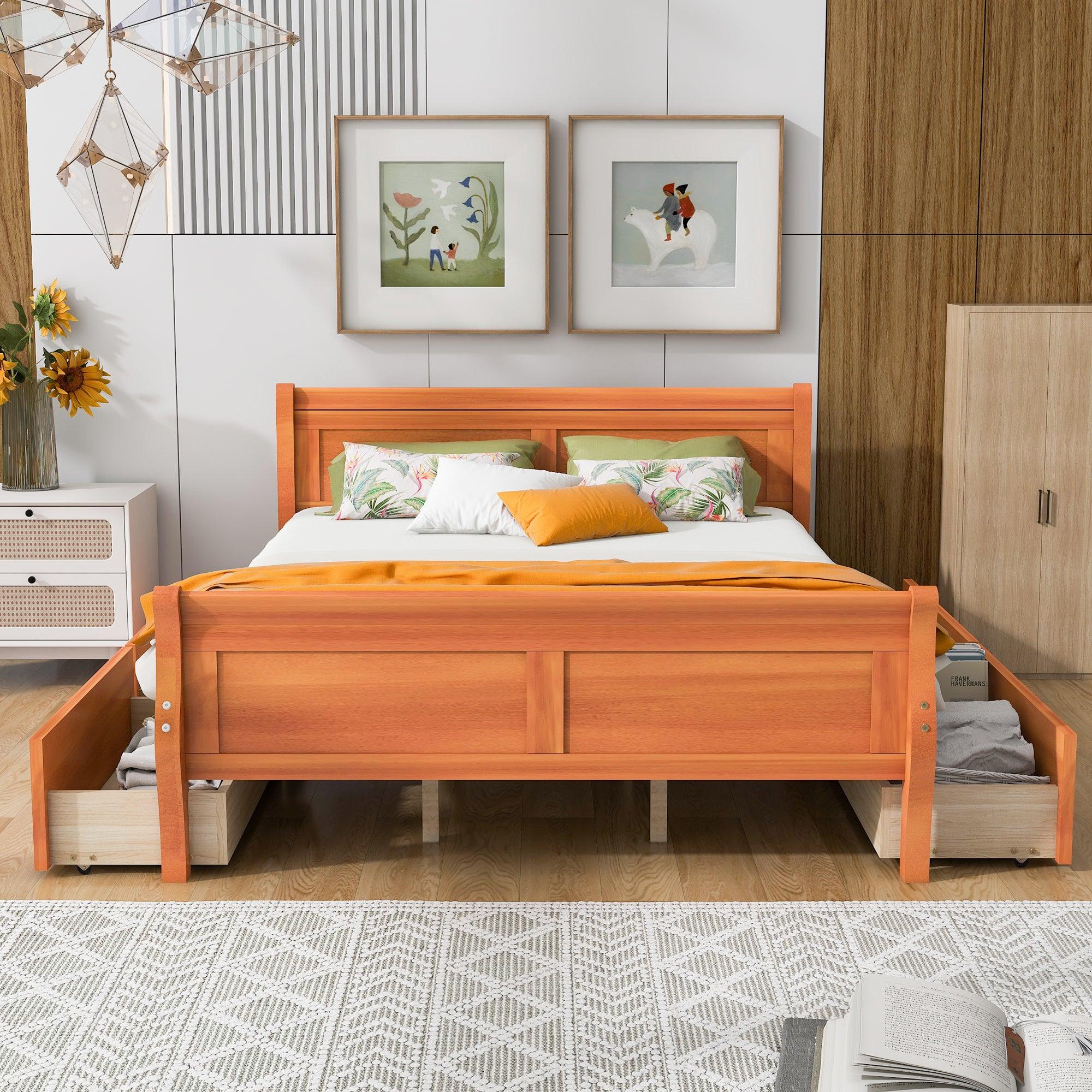 🆓🚛 Queen Size Wood Platform Bed With 4 Drawers & Streamlined Headboard & Footboard, Oak