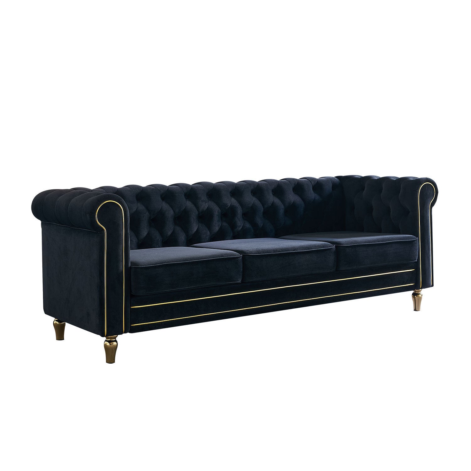 🆓🚛 84.65" Chesterfield Velvet Sofa for Living Room, Black