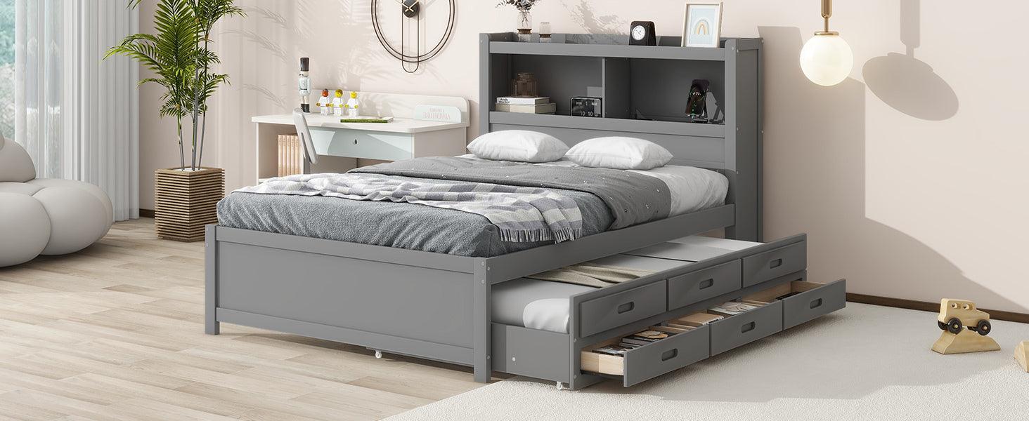 Full Size platform bed with trundle, drawers and USB plugs, Gray