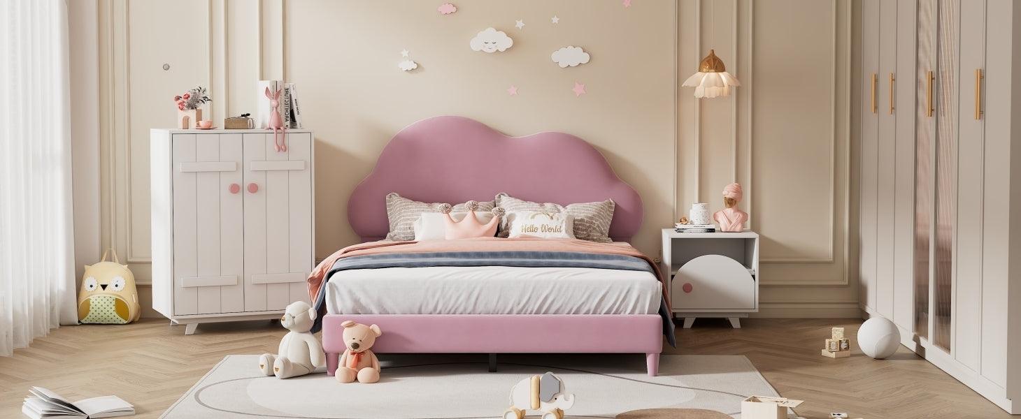 Full size Upholstered Cloud-Shape Bed , Velvet Platform Bed with Headboard, No Box-spring Needed, Pink