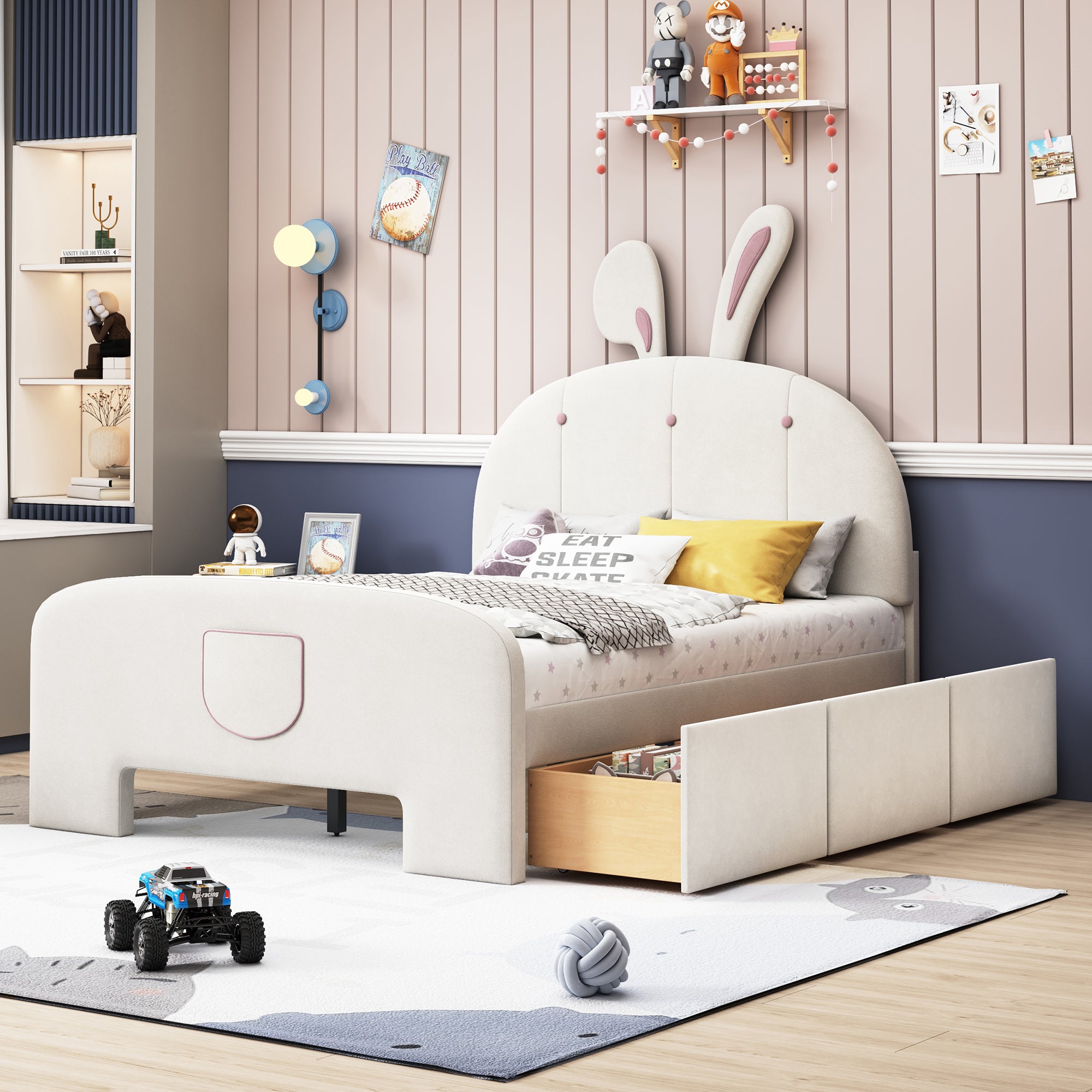 Full Size Velvet Platform Bed with Rabbit-Shaped Headboard, with Drawers, with Bed-End Storage Pocket, Beige