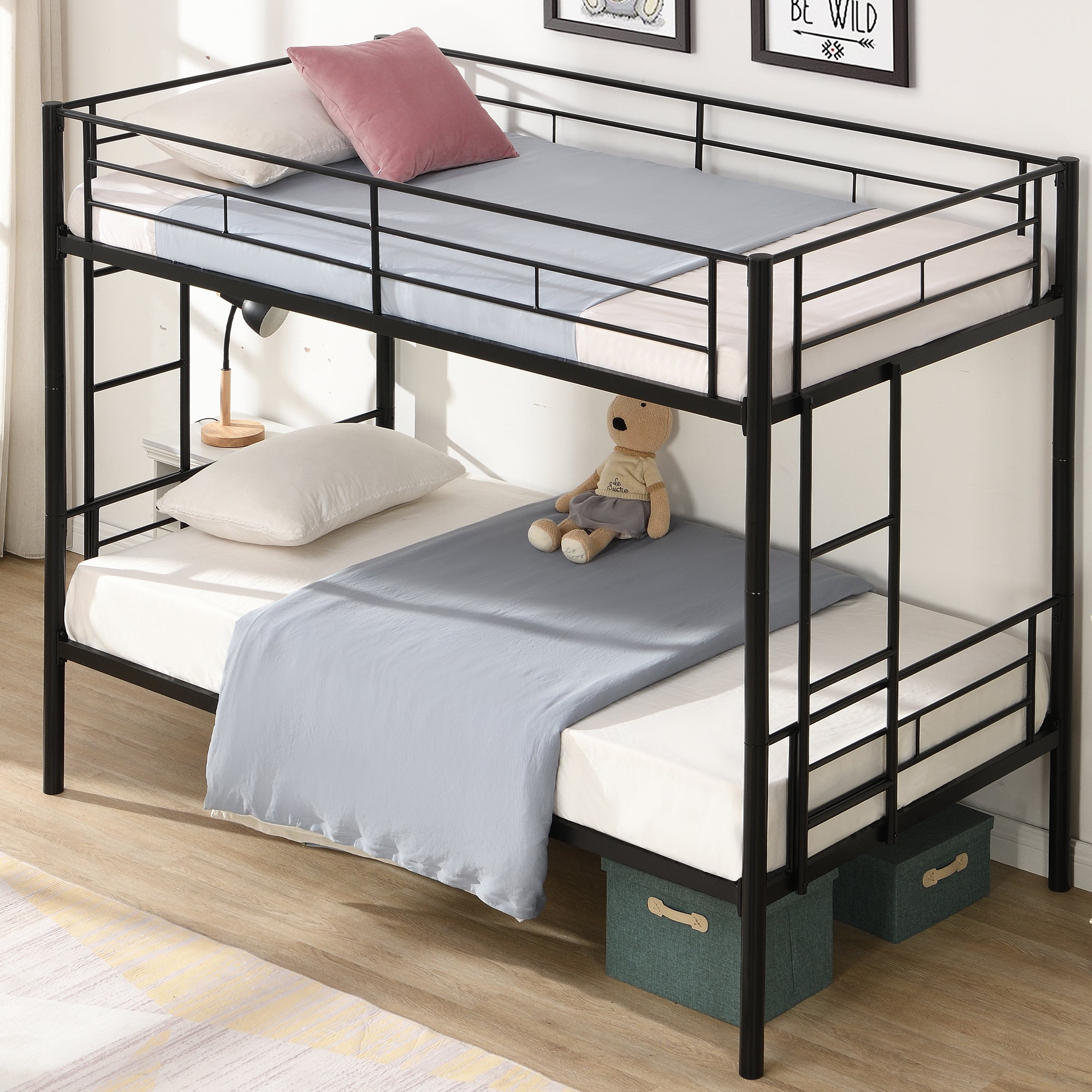 🆓🚛 Bunk Bed Twin Over Twin Size, 2 Ladders and Full-Length Guardrail, Metal, Storage Space, No Box Spring Needed, Noise Free, Black
