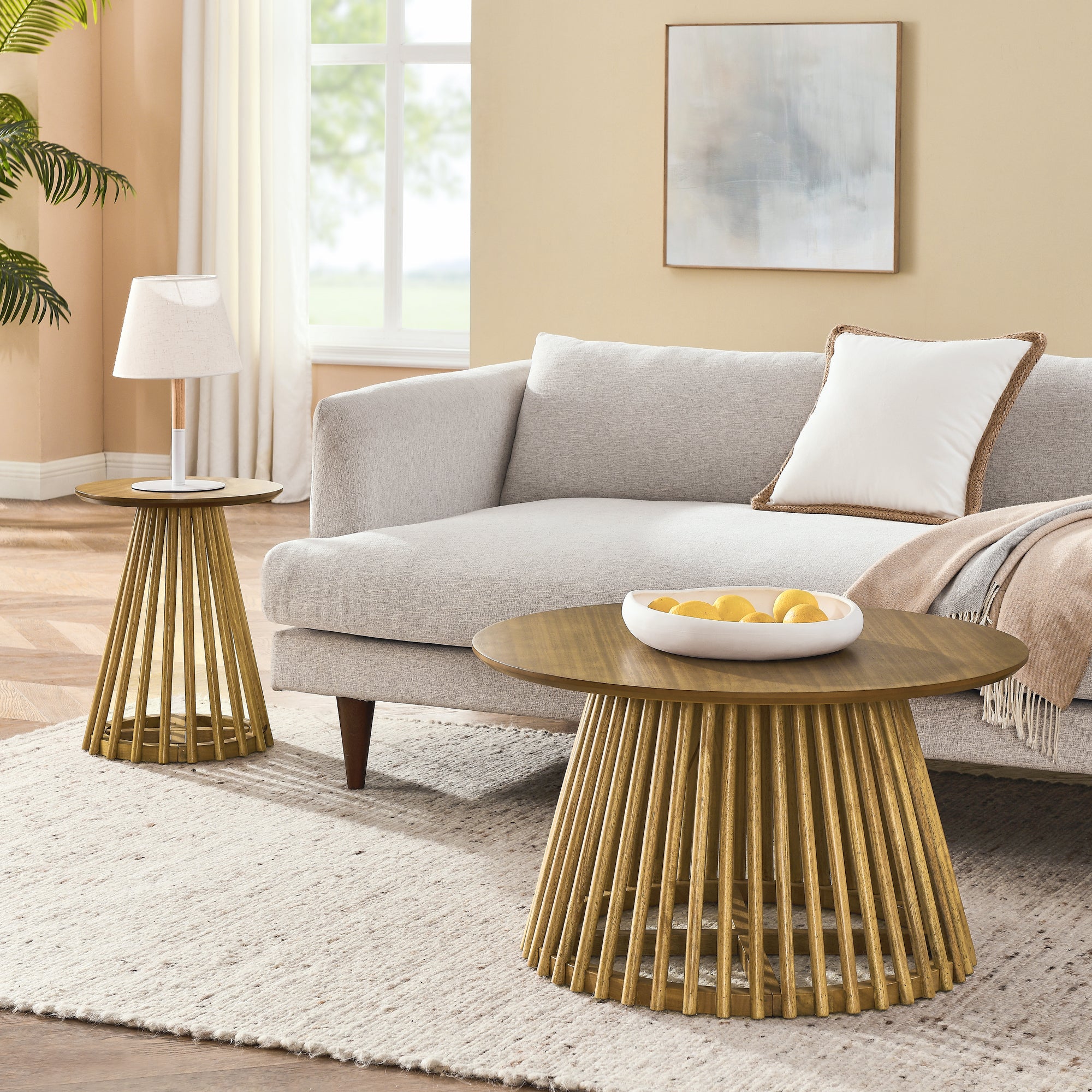 🆓🚛 Modern Minimalist Nordic Style Round Coffee Table, Simple Design, Brown/Yellow