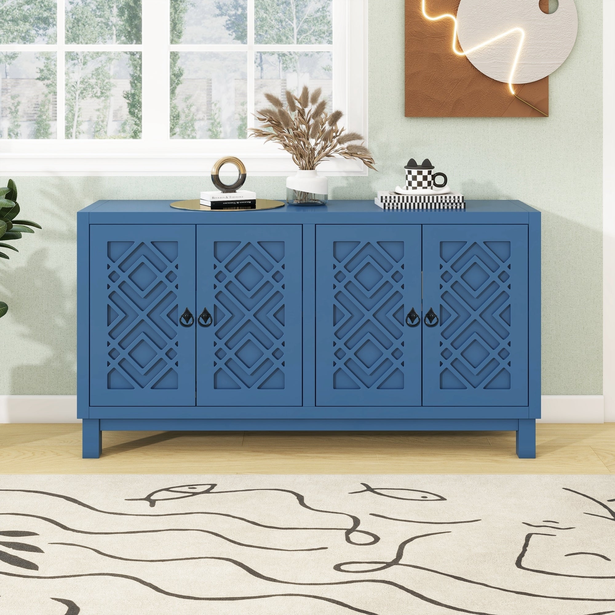 🆓🚛 Large Storage Space Sideboard, 4 Door Buffet Cabinet With Pull Ring Handles for Living Room, Dining Room, Navy Blue