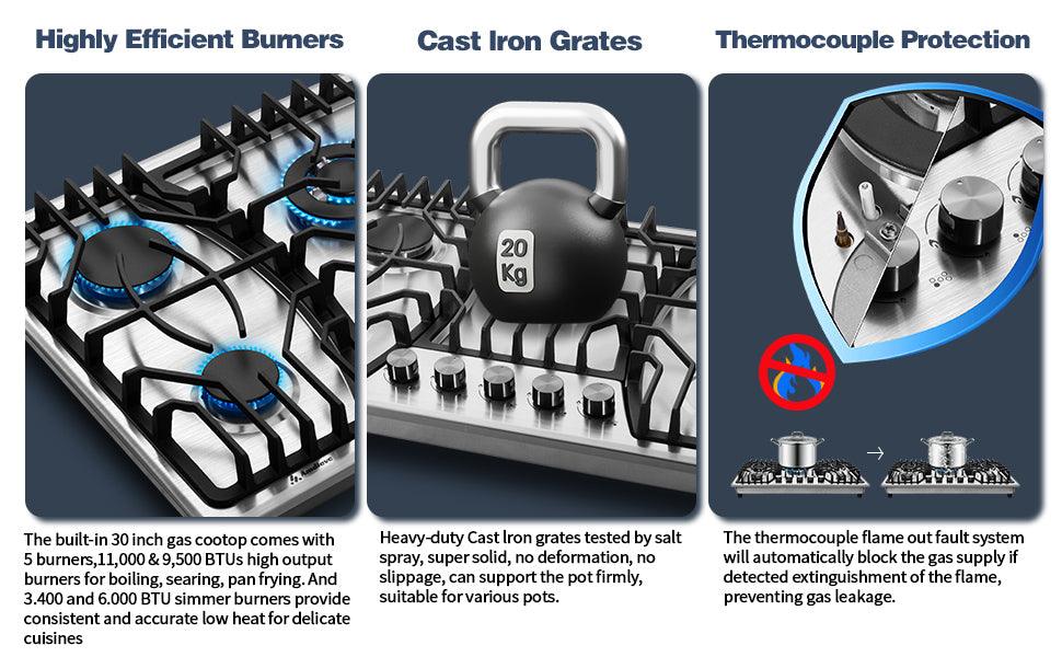 🆓🚛 Propane Gas Cooktop 30" With Griddle, 5 Burner Built-in Stainless Steel Gas Stove Top, Lpg/Ng Dual Fuel, Include Gas Pressure Regulator Gas Range