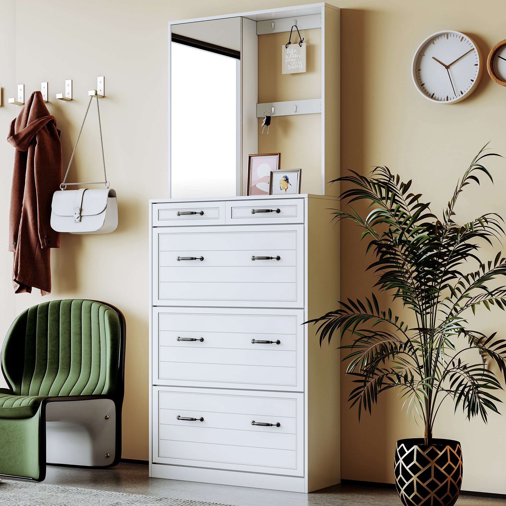 🆓🚛 Multi-Functional Shoe Cabinet With 3 Flip Drawers, Elegant Hall Tree With Mirror, Freestanding Entryway Organizer Shoe Rack With 6 Hanging Hooks for Hallway, White