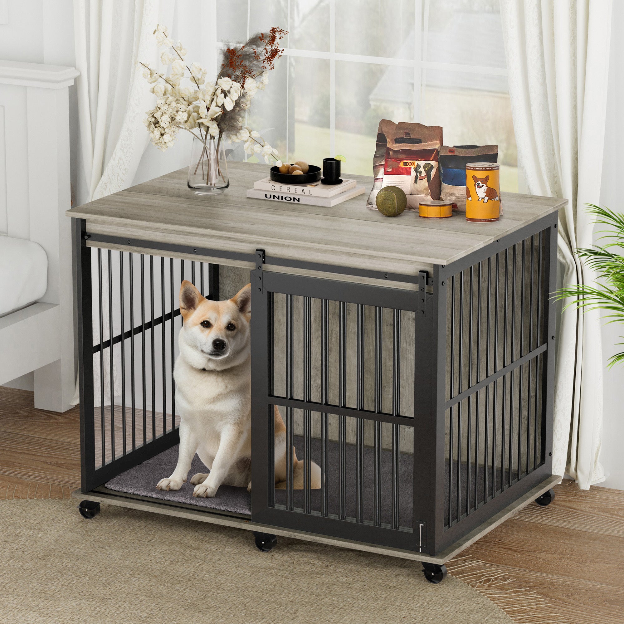 🆓🚛 Furniture Dog Crate Sliding Iron Door Dog Crate With Mat, Gray, 43.7''W X 30''D X 33.7''H