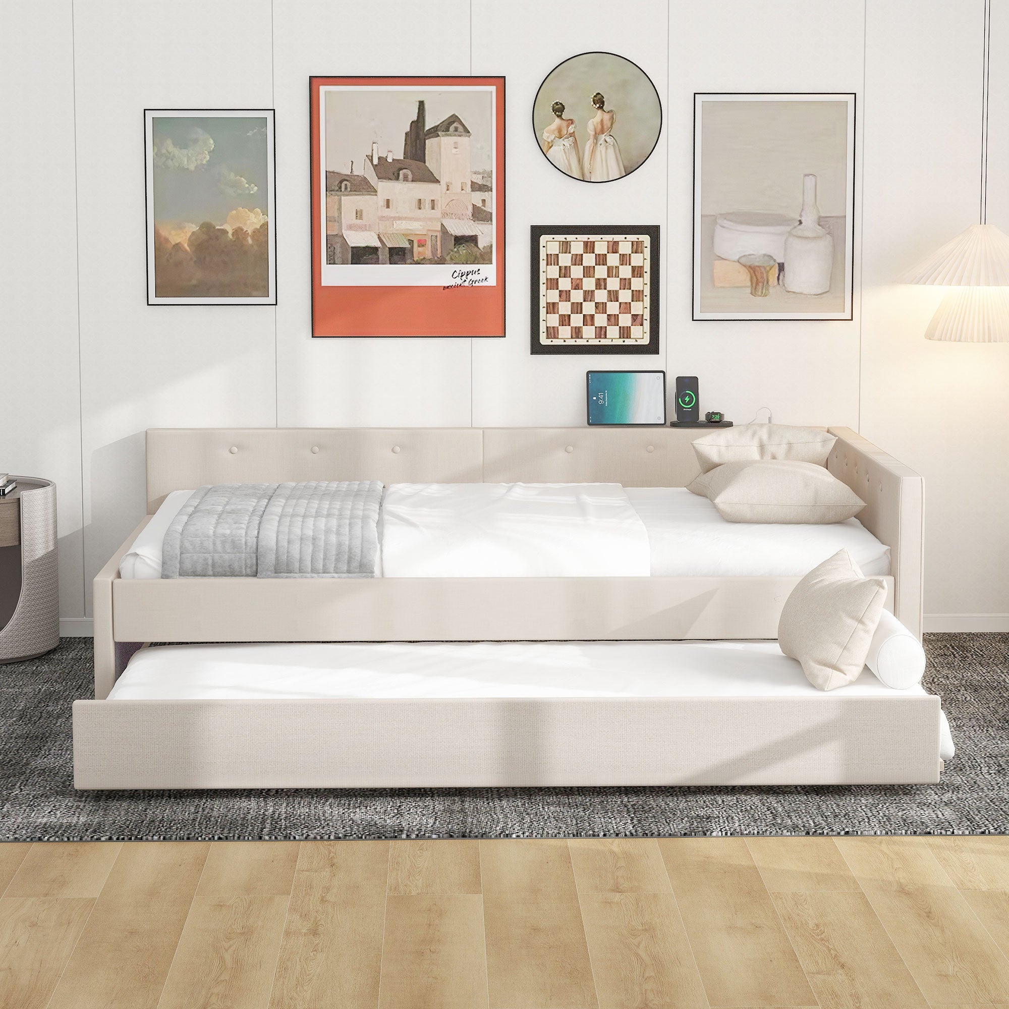 🆓🚛 Full Size Upholstered Platform Bed With Usb and Twin Size Trundle, Beige
