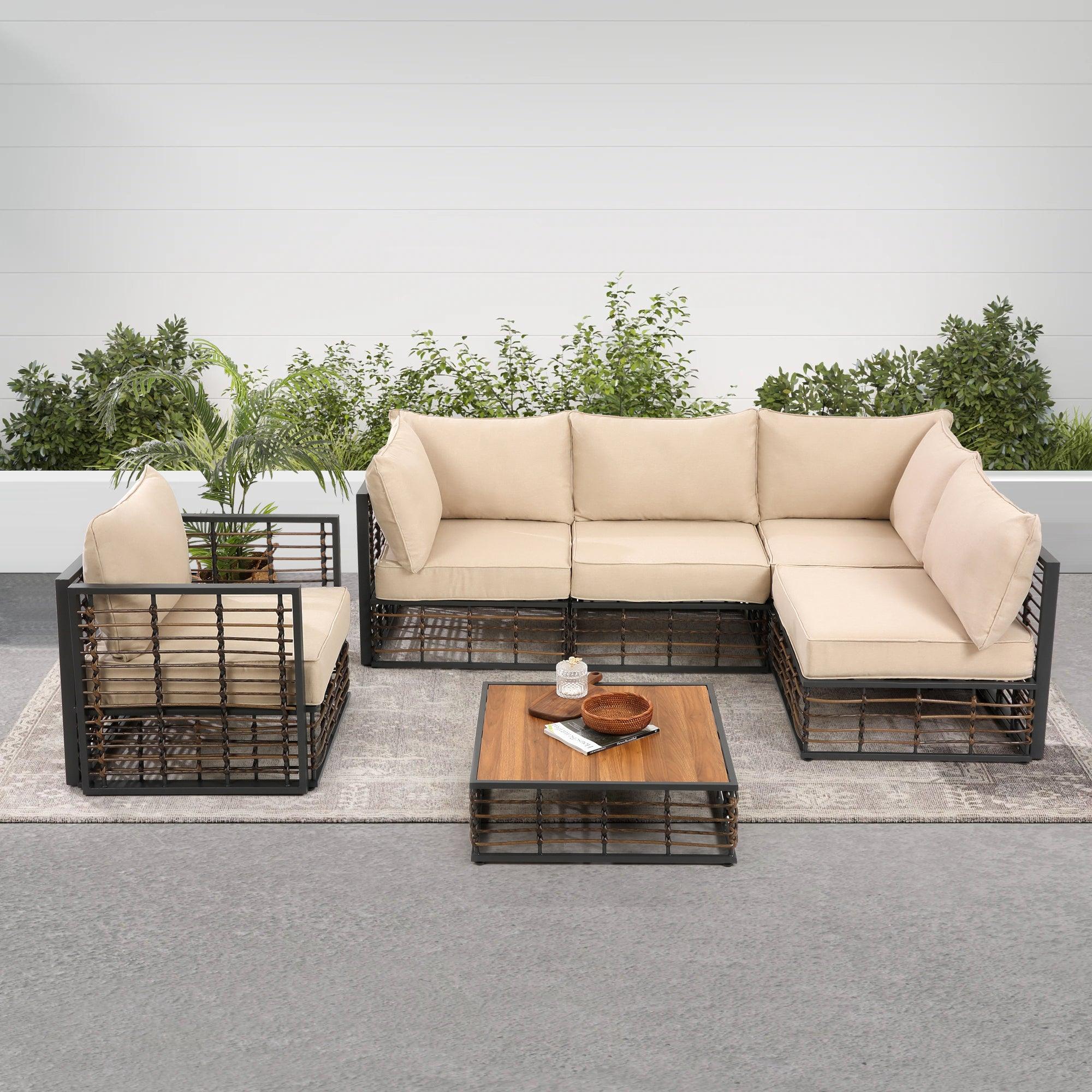 🆓🚛 Grand patio 6-Piece Wicker Patio Furniture Set, All-Weather Outdoor Conversation Set Sectional Sofa with Water Resistant Beige Thick Cushions & Coffee Table