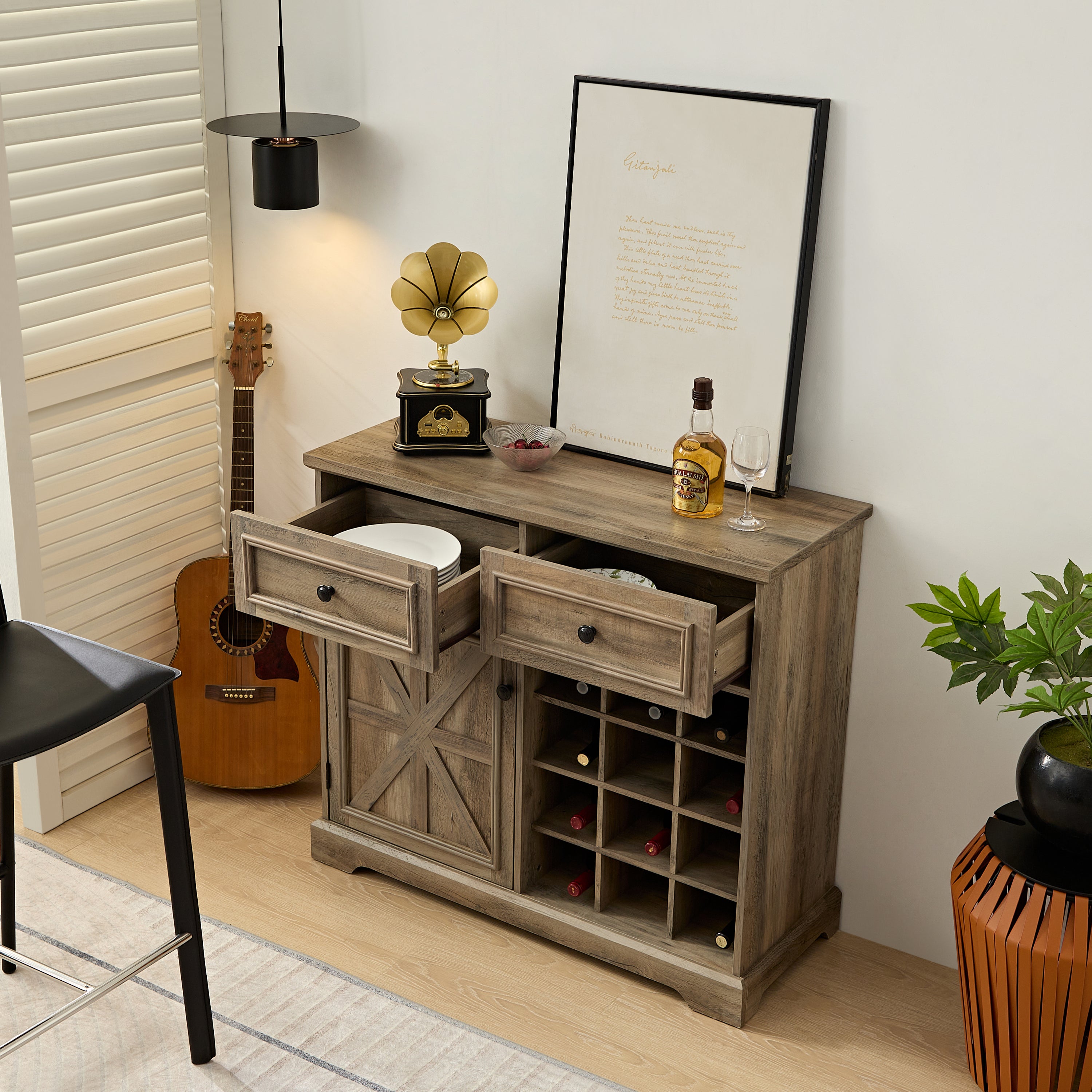 🆓🚛 Farmhouse Buffet Cabinet With Storage Sideboard With 2 Drawers, Wine Bar Cabinet With Removable Wine Racks Storage Shelves, Gray Wash