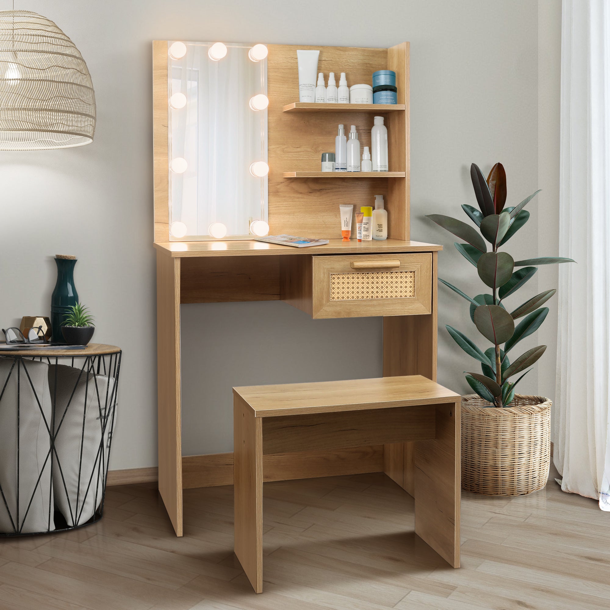 Vanity Desk Set Stool & Dressing Table With Led Lighting Mirror Drawer and Compartments Modern Wood Cosmetic Table Chest of Drawers Nature Color