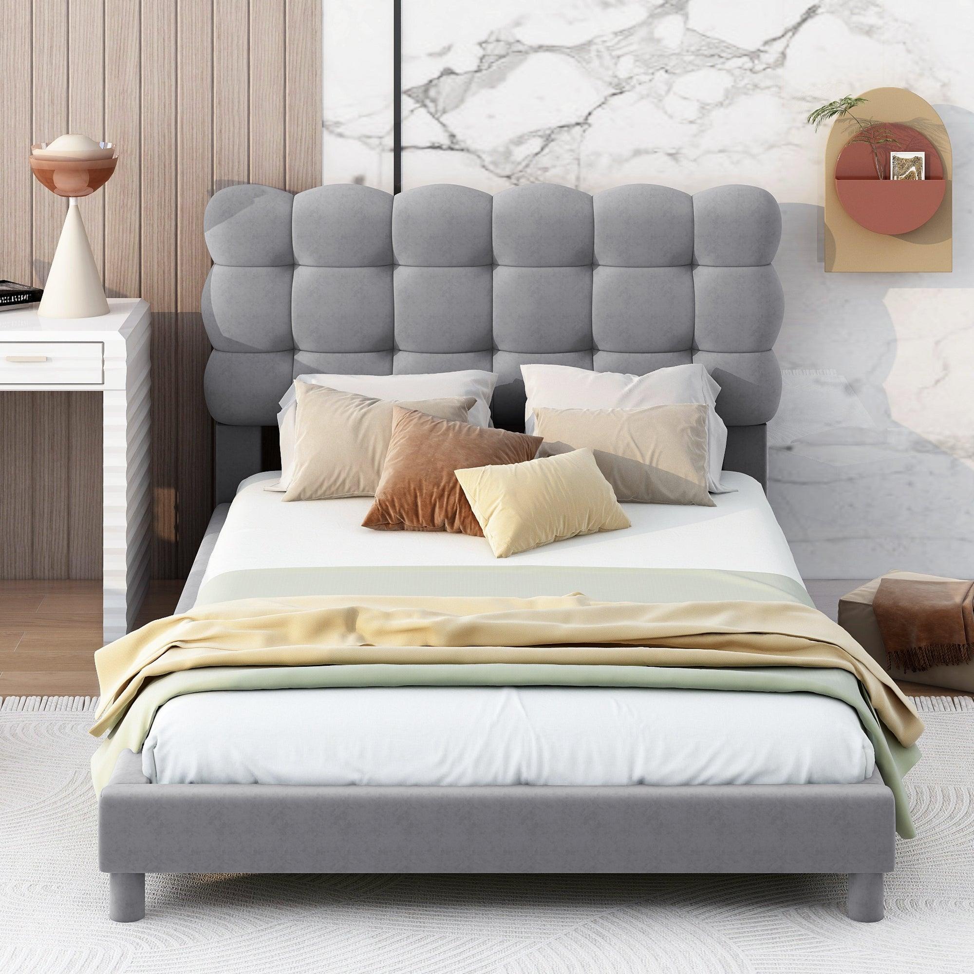 🆓🚛 Twin Size Upholstered Platform Bed With Soft Headboard, Gray