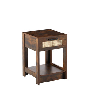 15.75" Rattan End table with  drawer, Modern nightstand, side table for living room, bedroom, Rustic Brown