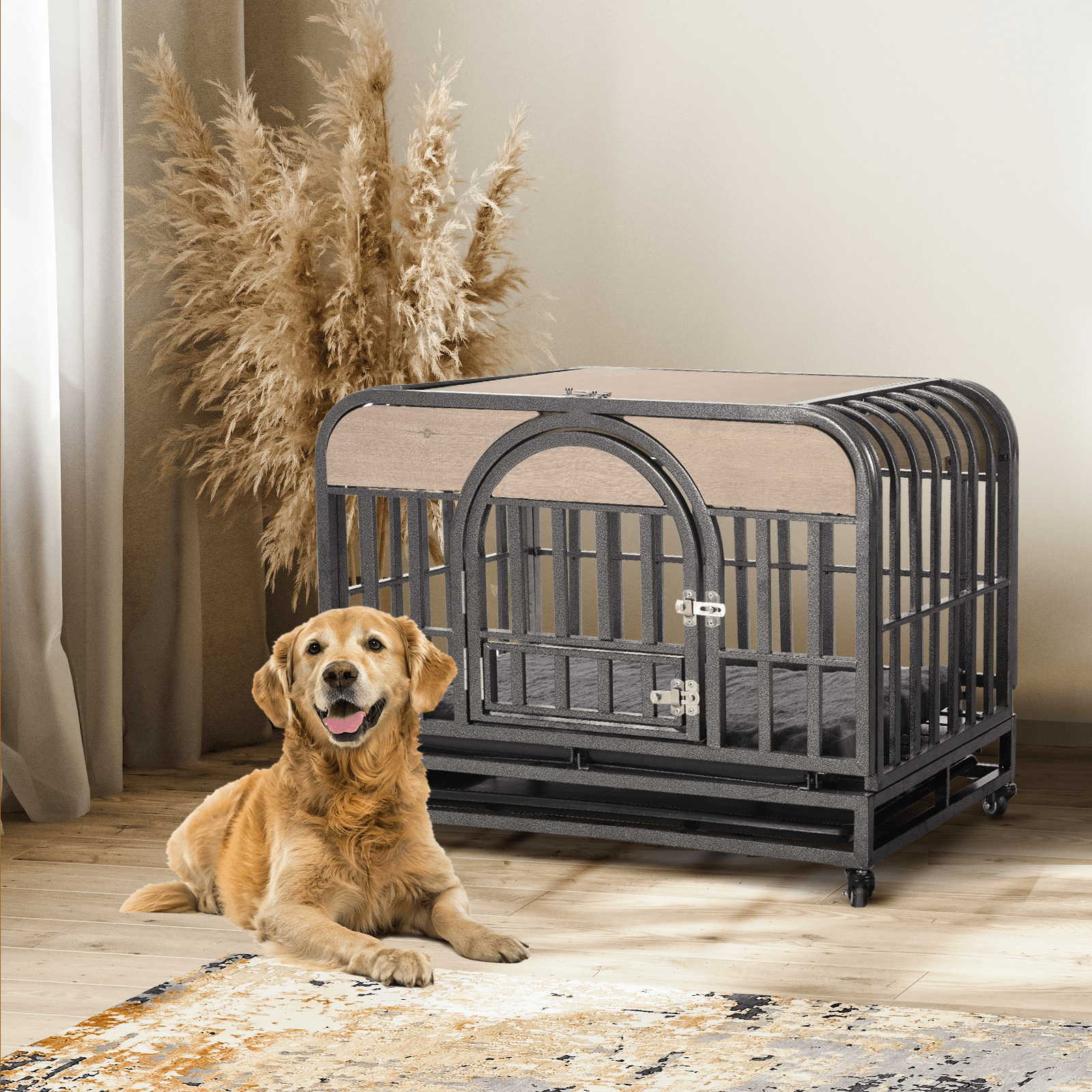 🆓🚛 46" Heavy Duty Dog Crate, Furniture Style Dog Crate With Removable Trays and Wheels for High Anxiety Dogs, Natural