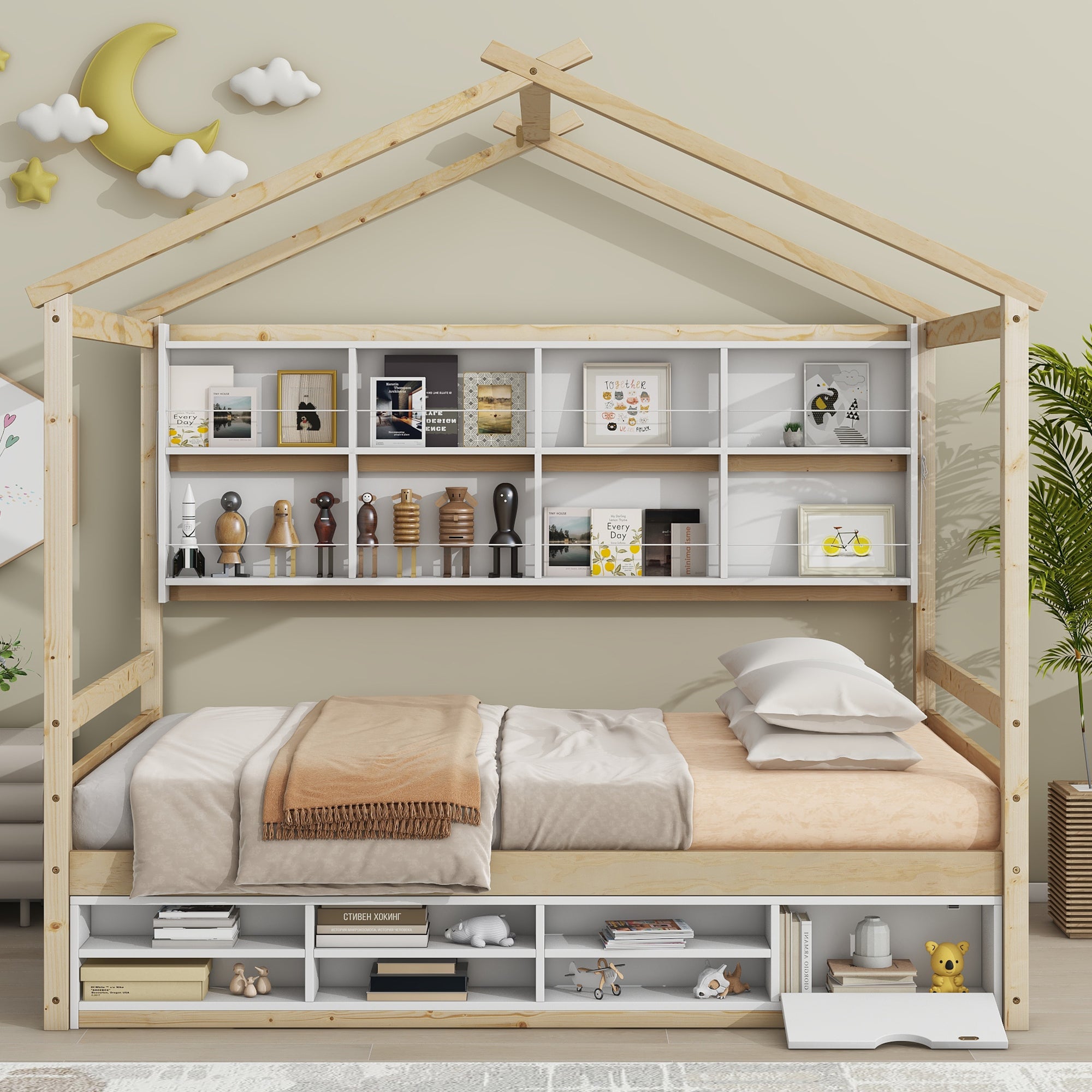 Full House Bed with Roof Frame, Bedside-shelves, Under Bed Storage Unit, Natural