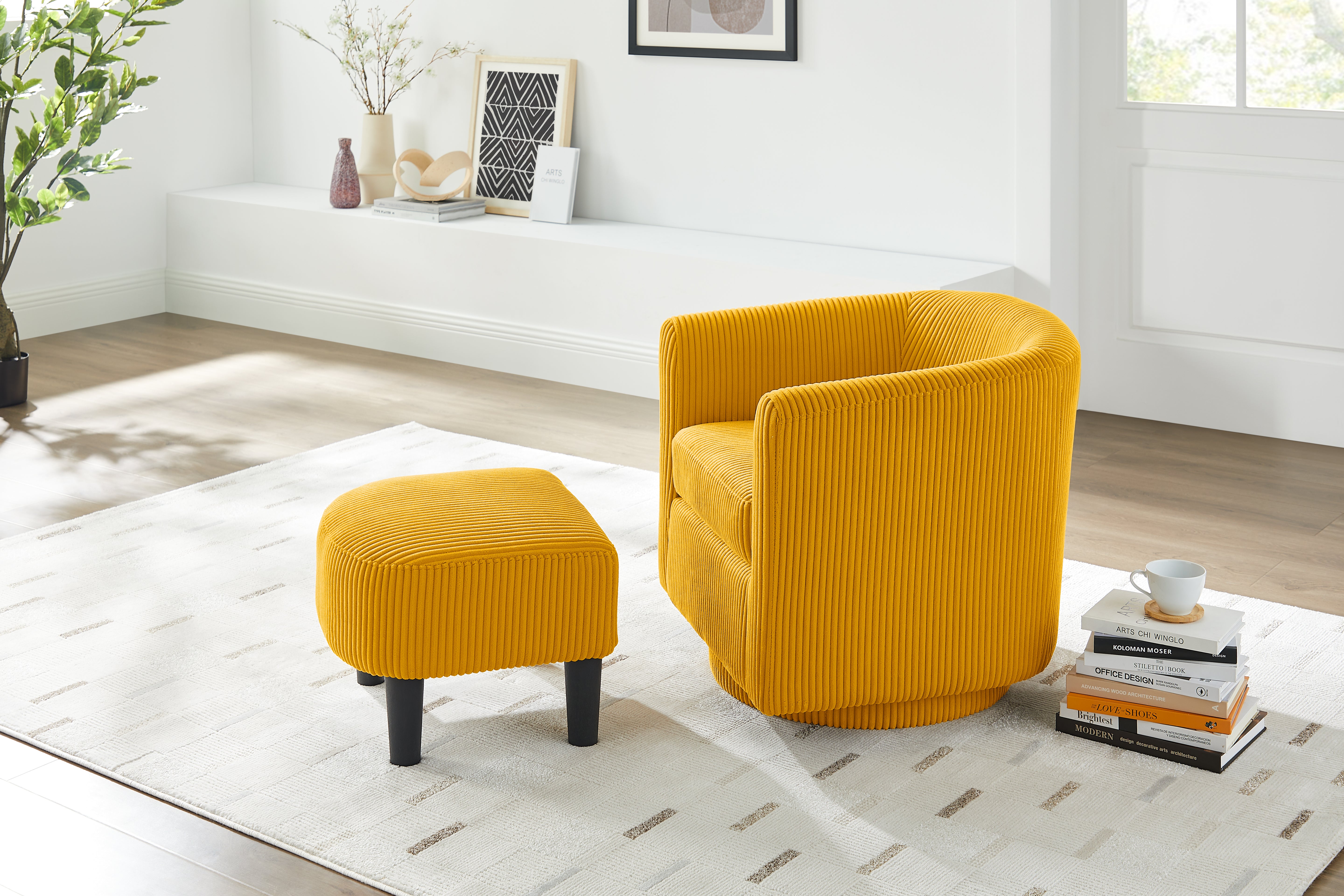 Swivel Accent Chair 360° Comfy Recliner Corduroy Arm Chair Single Sofa with Ottoman for Living Room Bedroom, Yellow