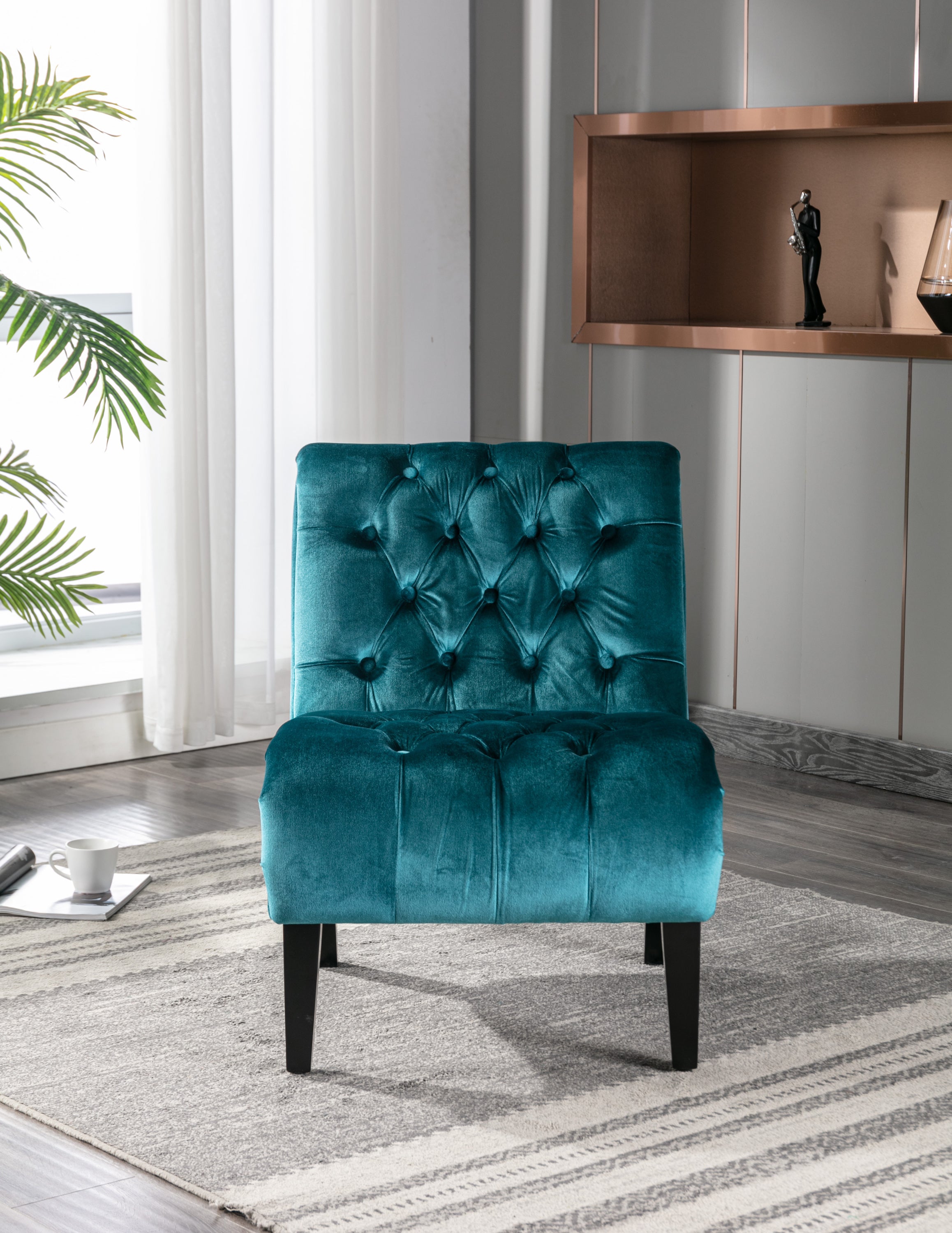 🆓🚛 Armless Living Room Chair with Curved Backrest, Teal