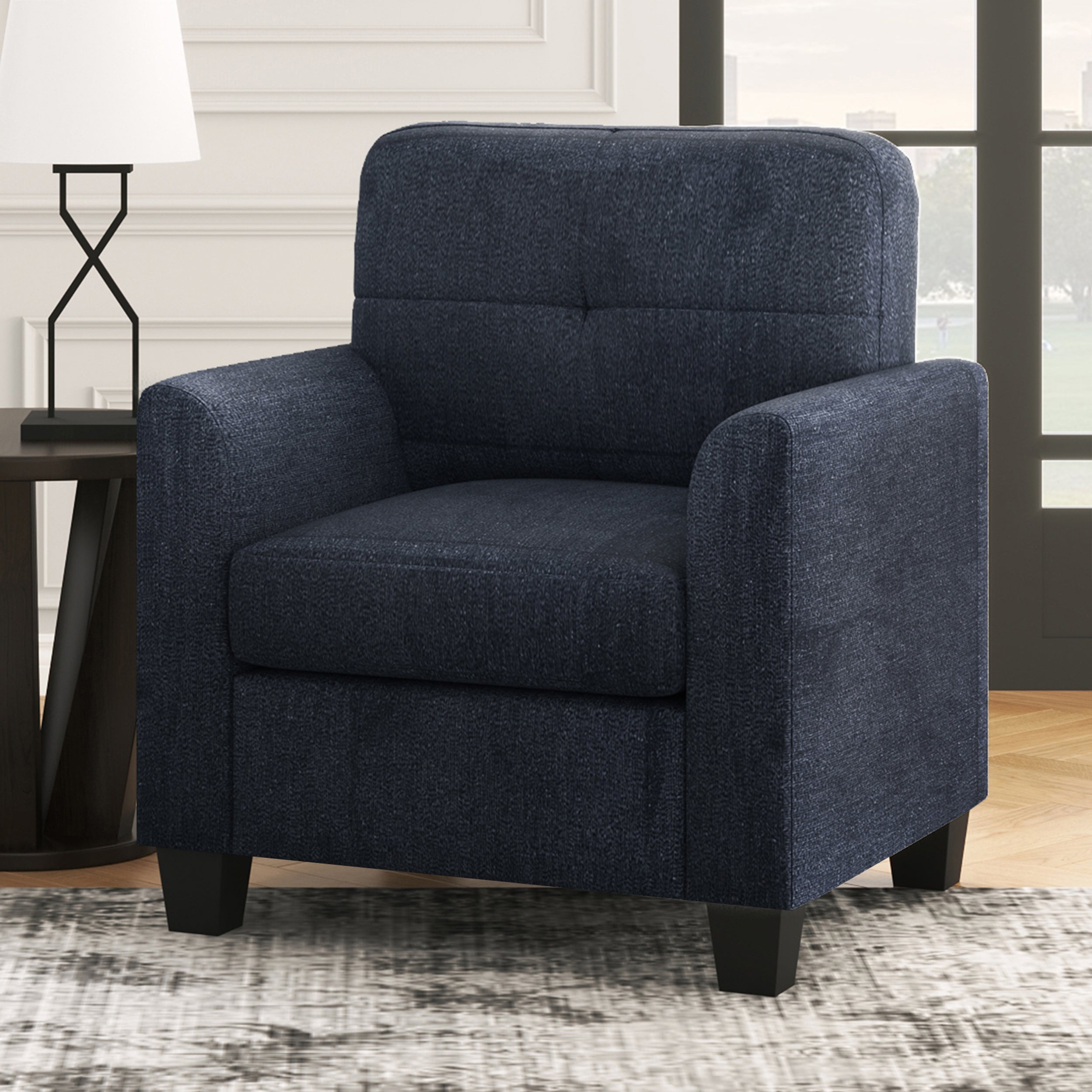 🆓🚛 Mid Century Modern Accent Chair Cozy Armchair Button Tufted Back and Wood Legs for Living Room, Office Room, Dark Blue
