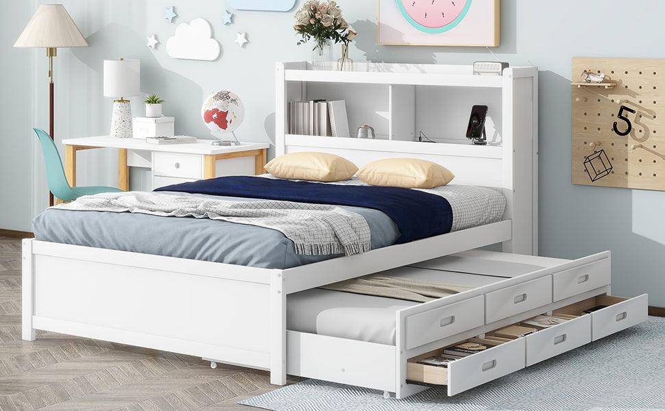 Full Size platform bed with trundle, drawers and USB plugs, White