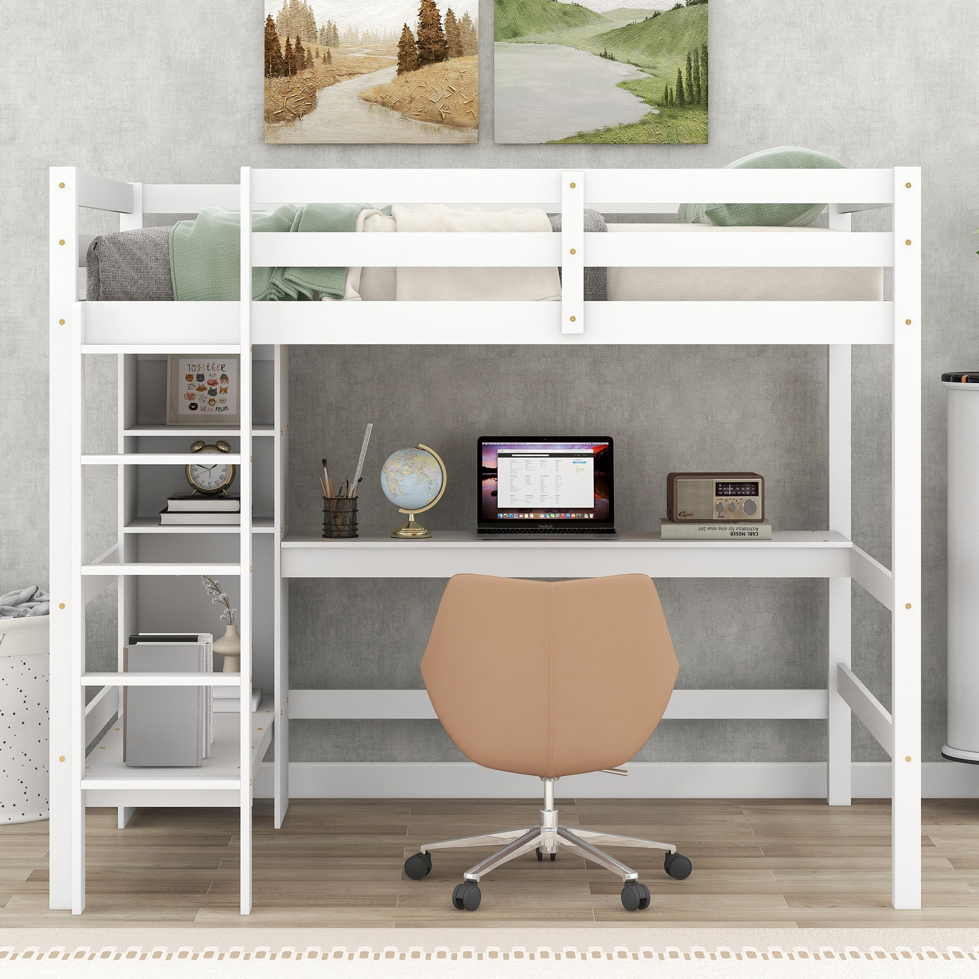 🆓🚛 Full Size Loft Bed With Multifunction Shelves and Under-Bed Desk, White