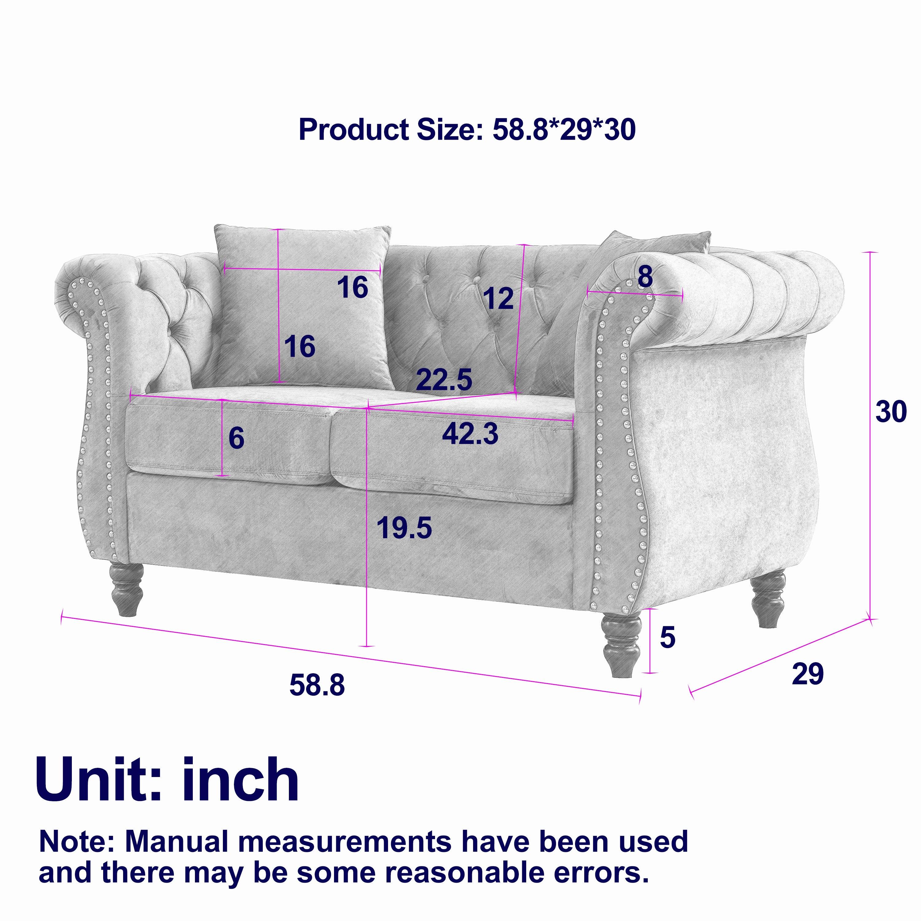 58.8" Chesterfield Sofa Beige Velvet for Living Room, 2 Seater Sofa Tufted Couch with Rolled Arms and Nailhead with 2 Pillows