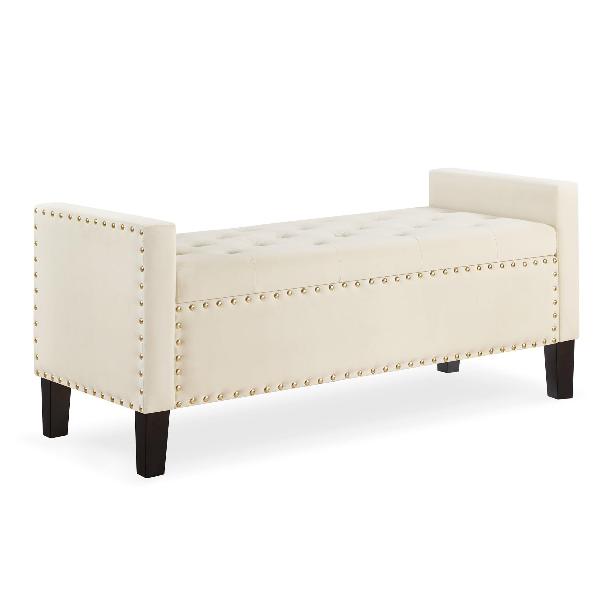 🆓🚛 Upholstered Tufted Button Storage Bench With Nails Trim, Entryway Living Room Soft Padded Seat With Armrest, Bed Bench, Cream