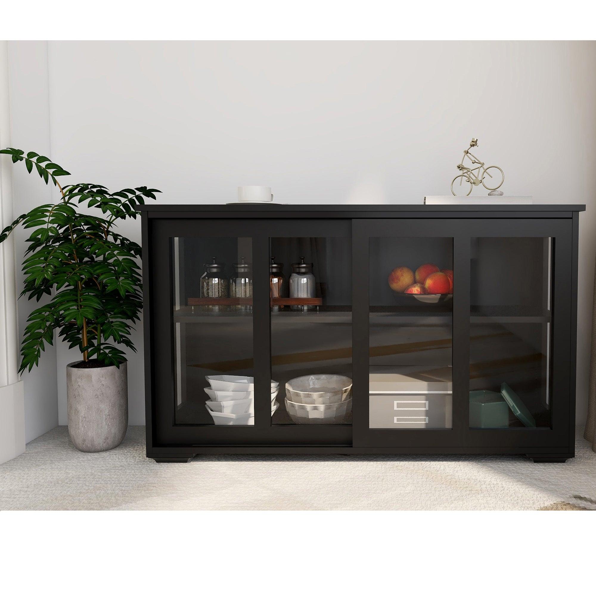 🆓🚛 Kitchen Storage Stand Cupboard With Glass Door-Black