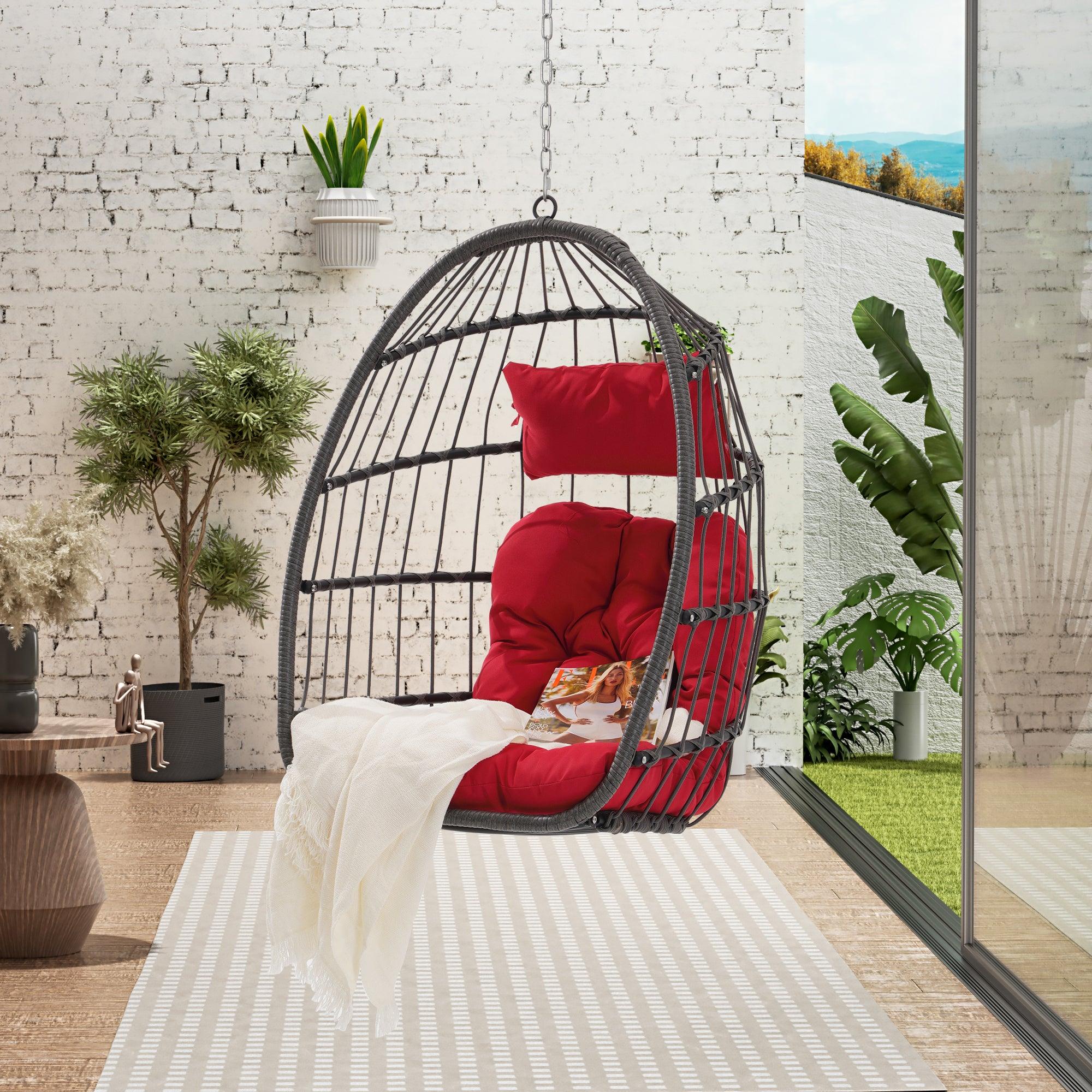 🆓🚛 Outdoor Garden Rattan Egg Swing Chair Hanging Chair, Red