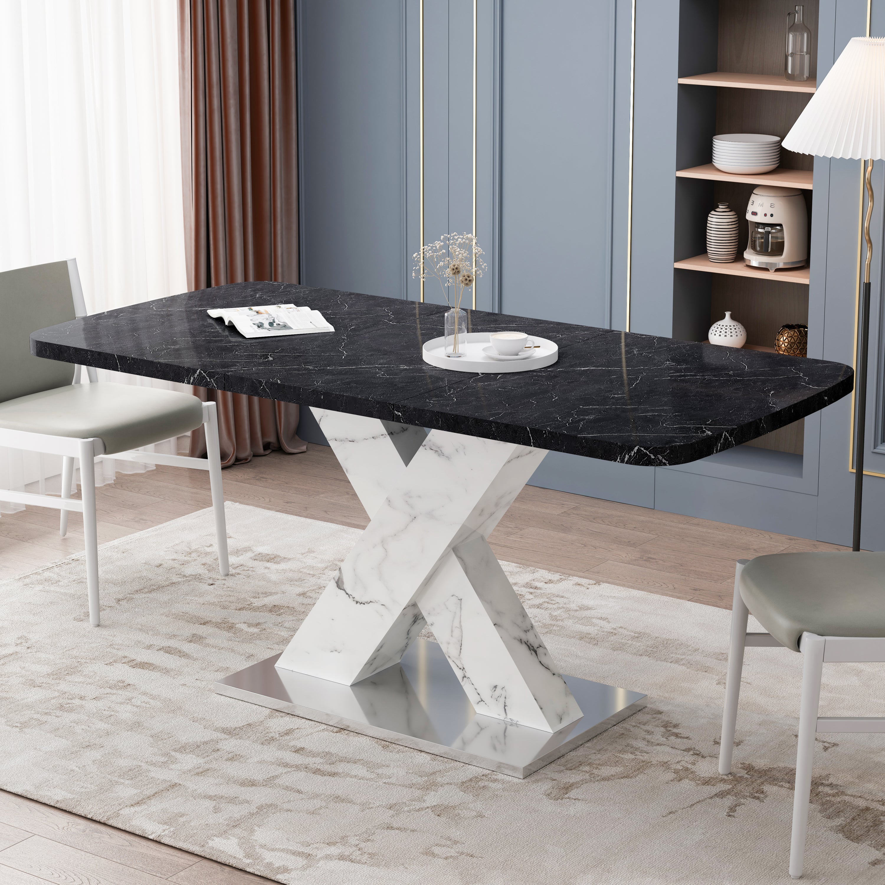 🆓🚛 Modern Square Dining Table, Stretchable, Faux Marble Table Top White X-Shape Table Leg With Metal Base