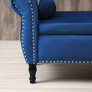 63" Velvet Multifunctional Storage Bench Rectangular Sofa Stool Buttons Tufted Nailhead Trimmed Ottoman Solid Wood Legs with 1 Pillow, Blue